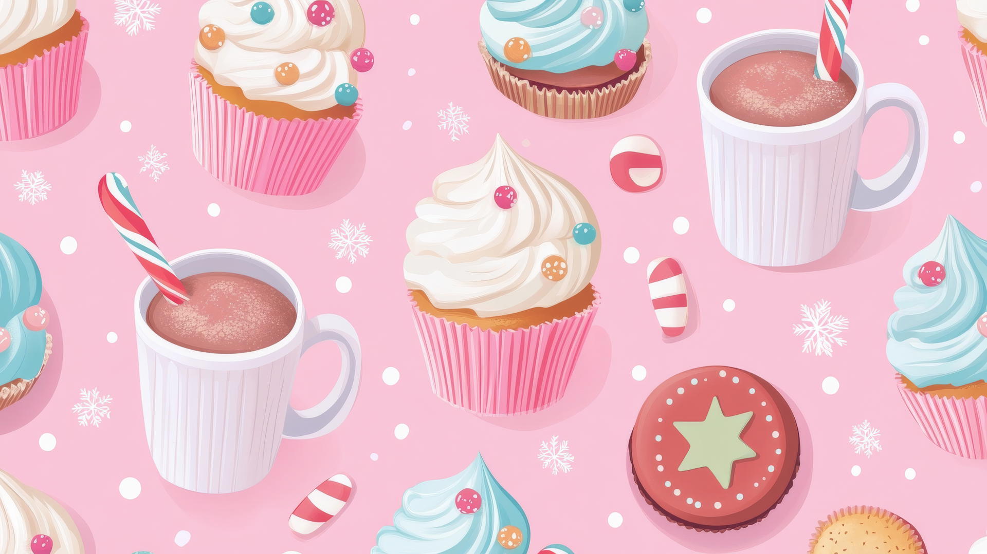 cute preppy Christmas wallpaper with cupcakes, cookies, and hot cocoa mugs on pastel pink background