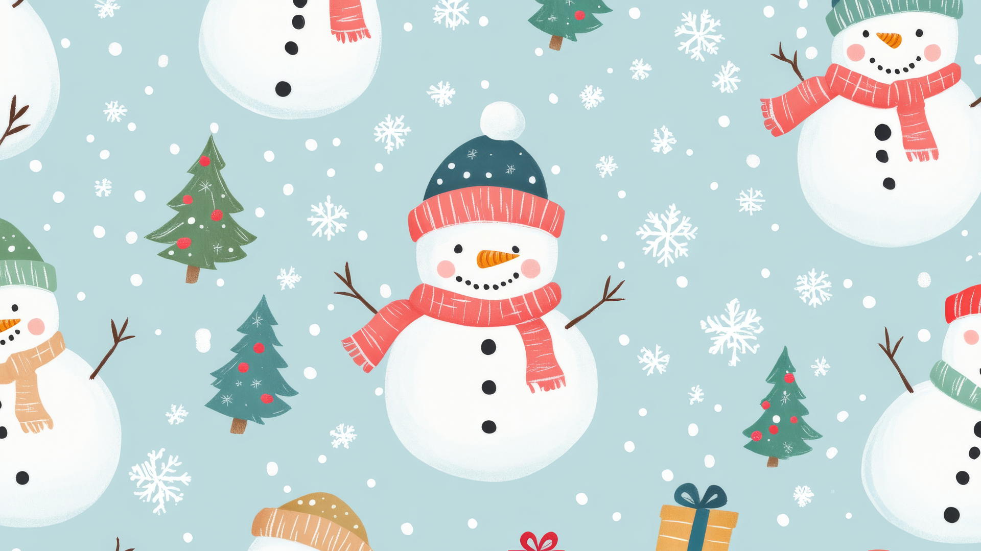 cute preppy Christmas wallpaper with cheerful snowmen, colorful scarves, hats, snowflakes, and Christmas trees