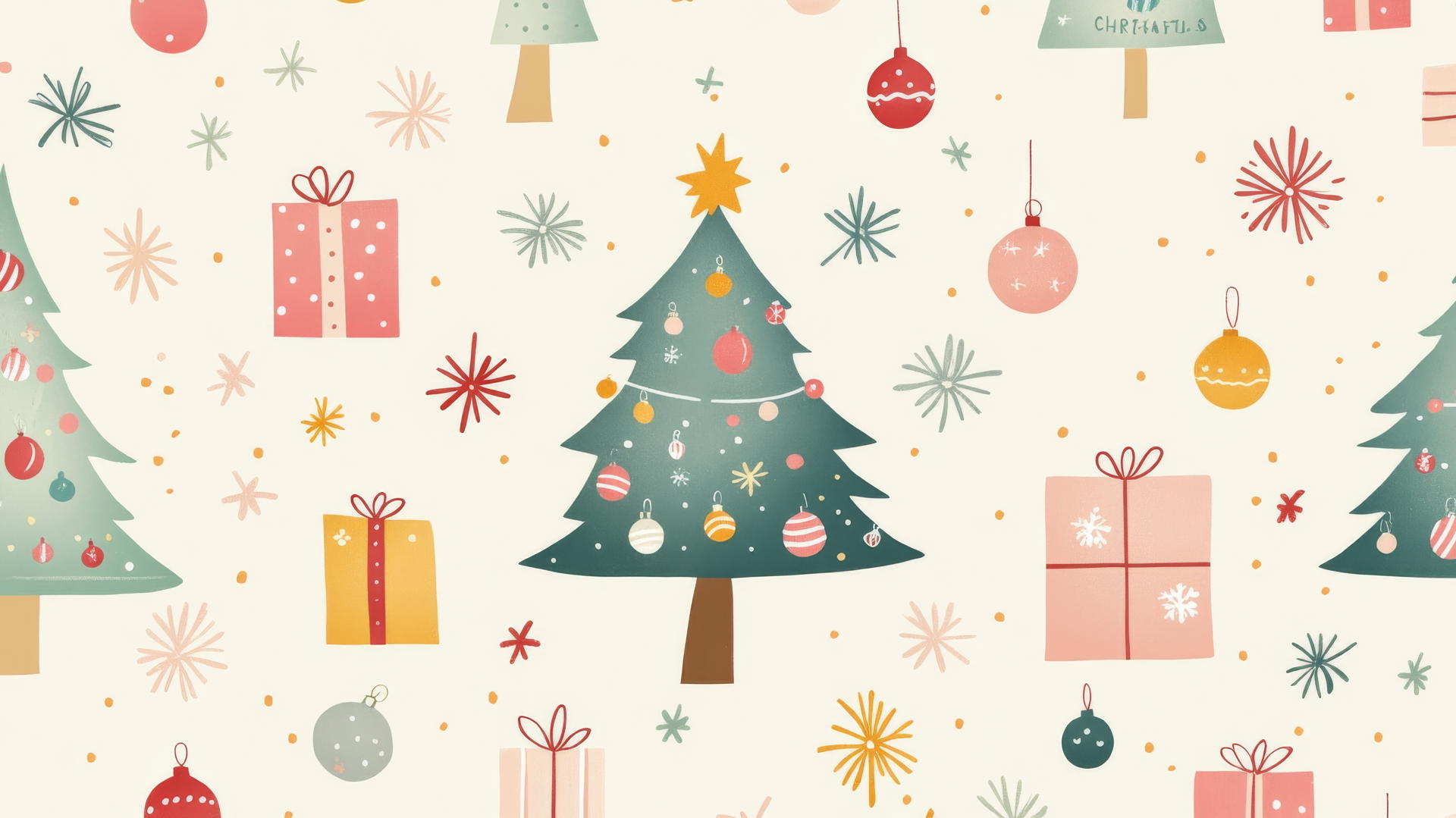 Cute preppy Christmas wallpaper with colorful ornaments and pastel-wrapped presents
