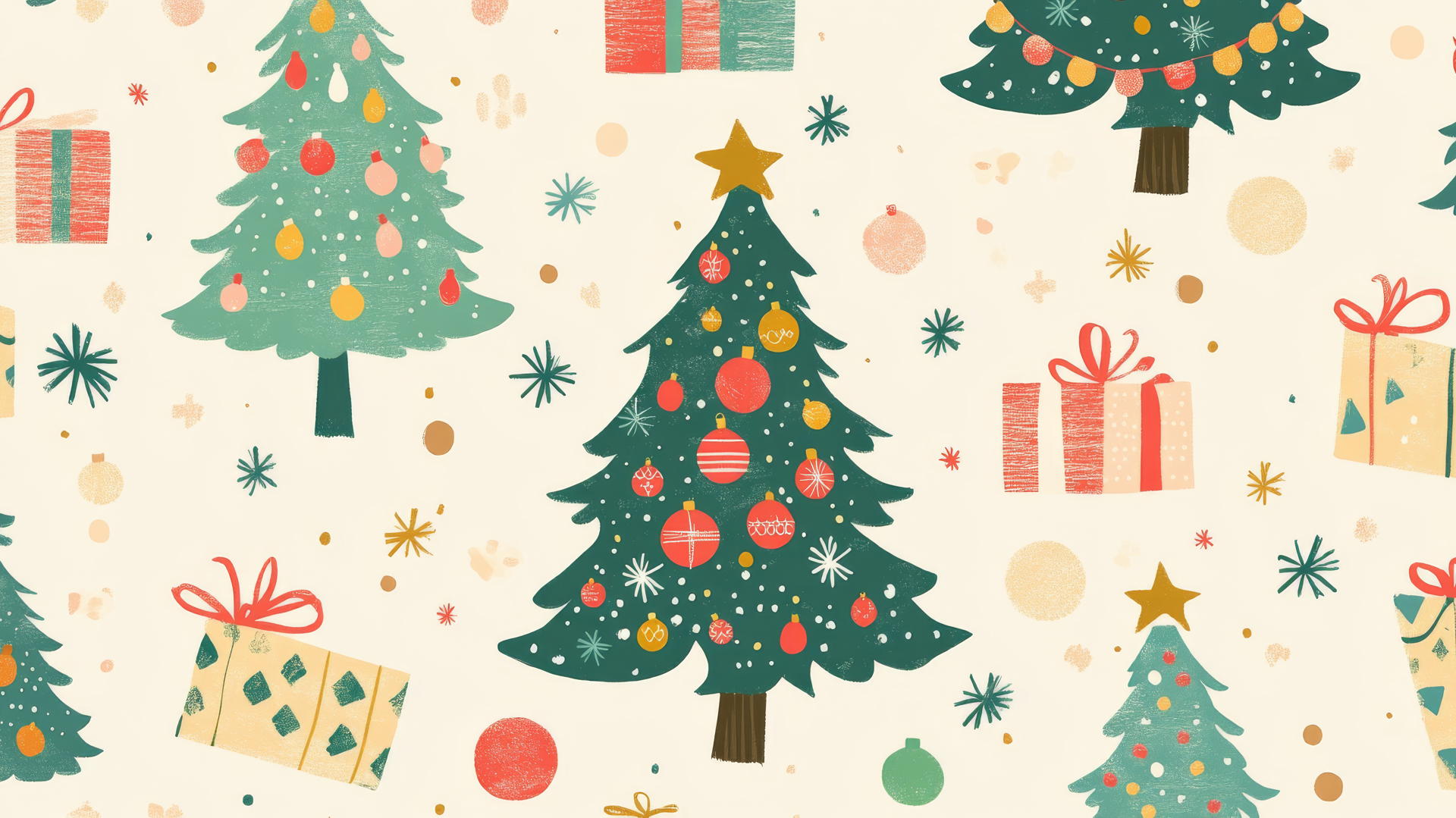 Cute preppy Christmas wallpaper with Christmas trees, ornaments, and presents on cream background