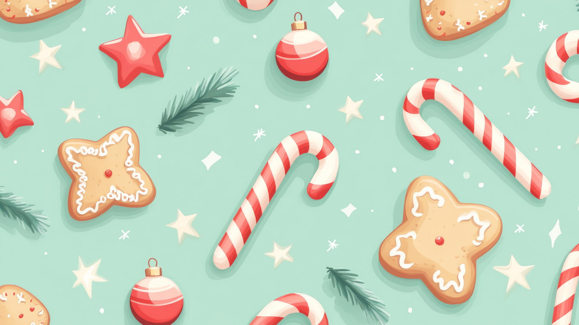 cute Christmas wallpaper preppy with candy canes, gingerbread cookies, and stars on pastel green