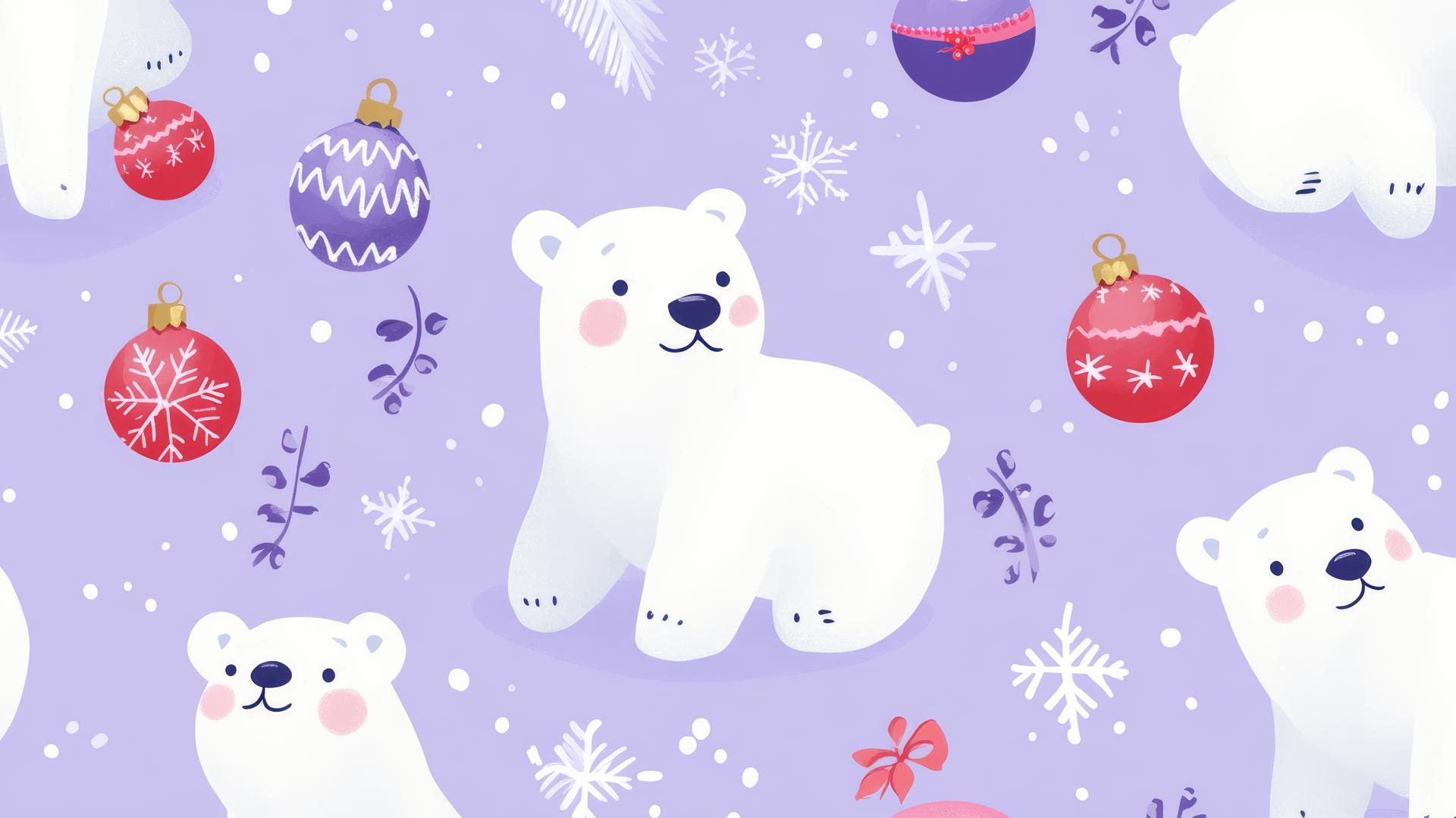 cute Christmas wallpaper preppy with cheerful polar bears, Christmas ornaments, and twinkling lights on pastel lavender background