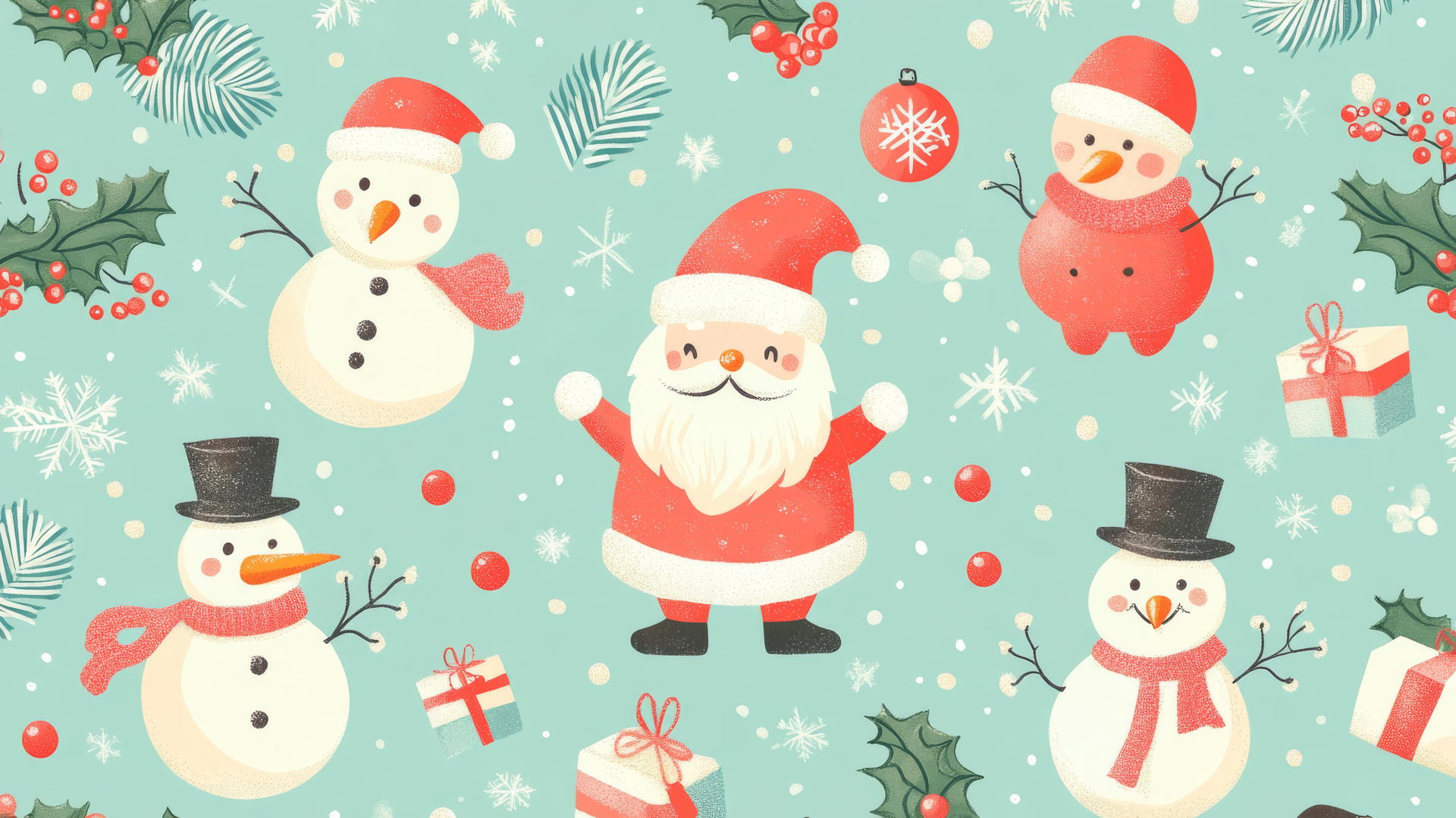 cute Christmas wallpaper preppy with Santas, snowmen, and holly berries on pastel mint background