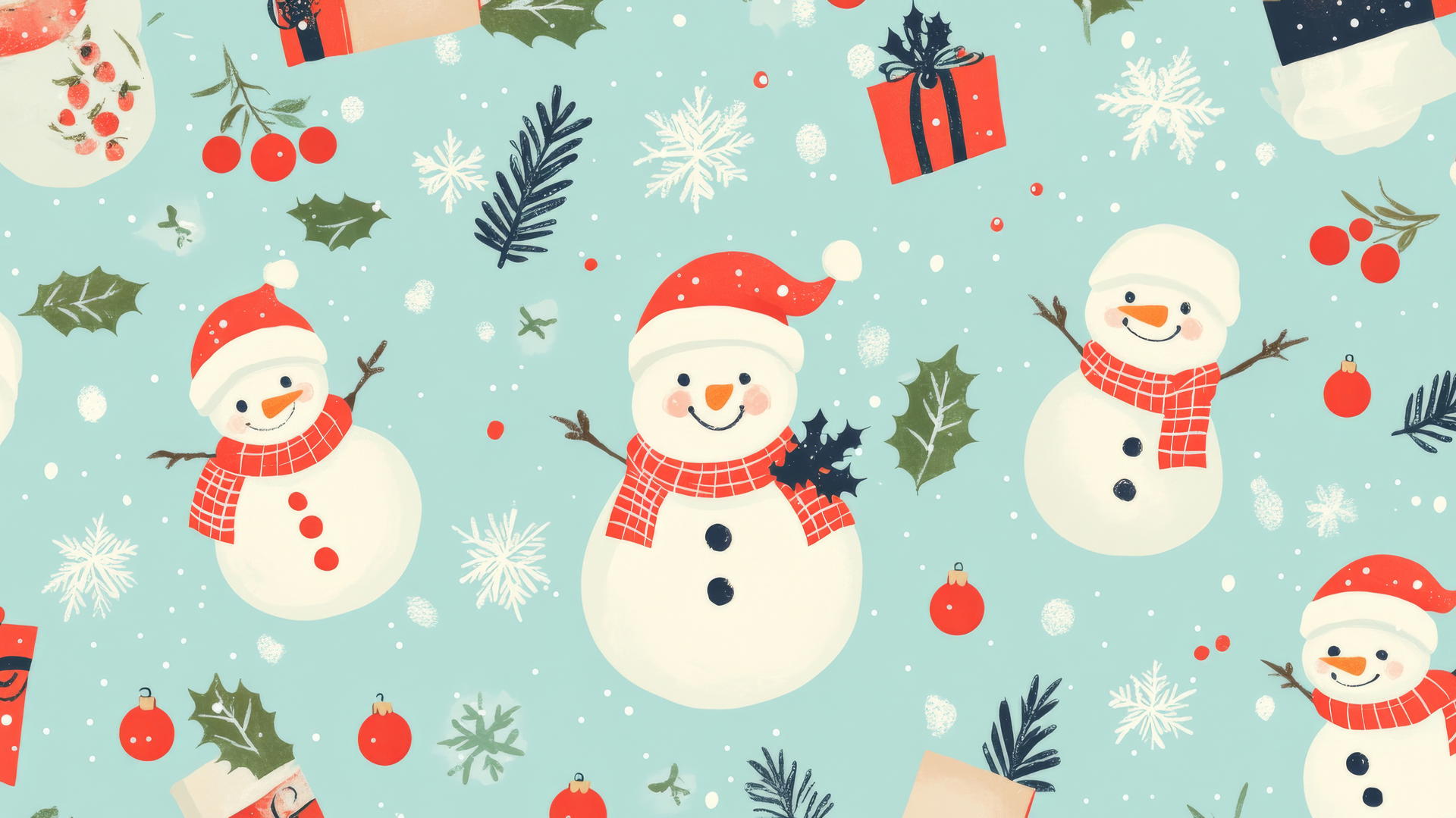 cute Christmas wallpaper preppy with playful Santas, snowmen, and holly berries on pastel mint background
