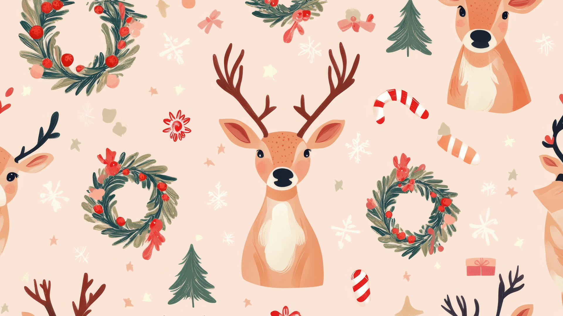 Cute Christmas wallpaper preppy with cartoon reindeer, wreaths, and candy canes on pink.