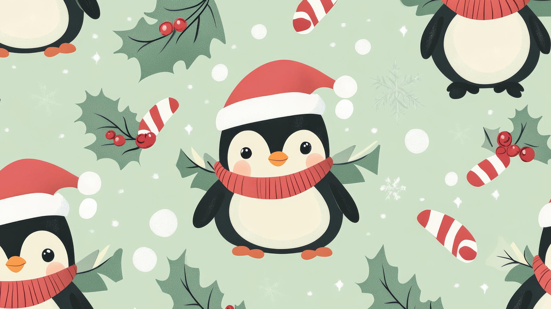 Cute Christmas wallpaper preppy with penguins, Santa hats, holly, and candy canes on pastel green