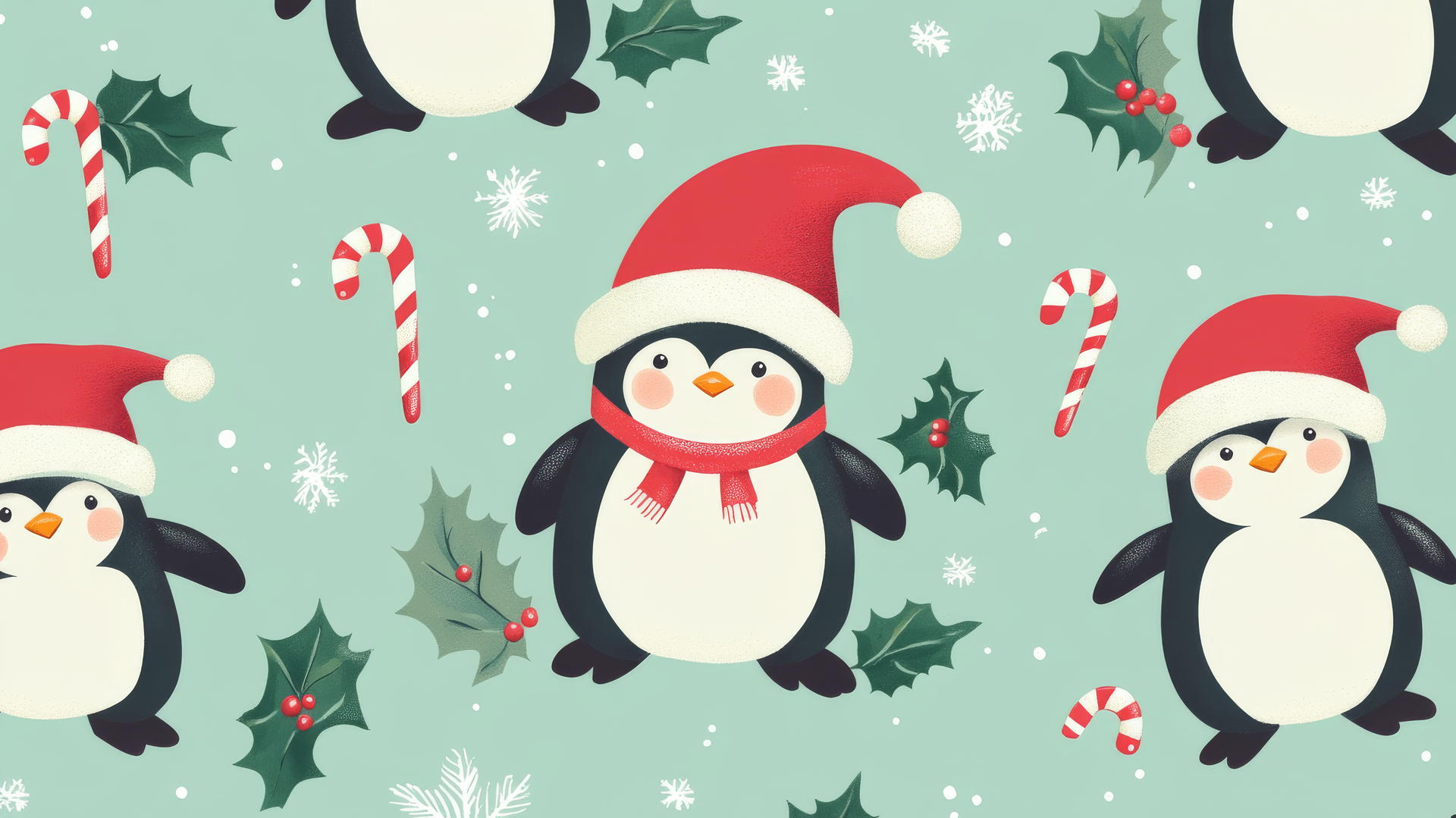 cute Christmas wallpaper preppy with penguins in Santa hats, holly, and candy canes