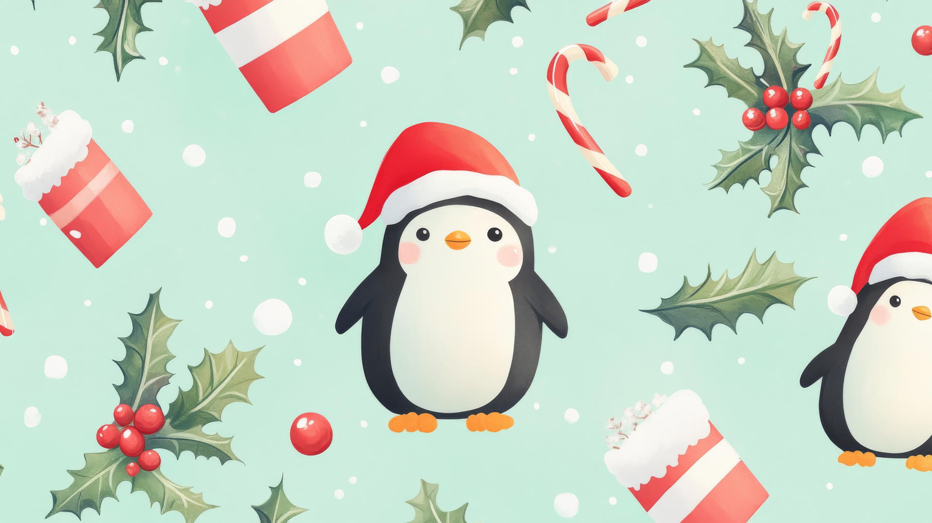 Cute Christmas wallpaper preppy with penguins, Santa hats, holly leaves, and candy canes.