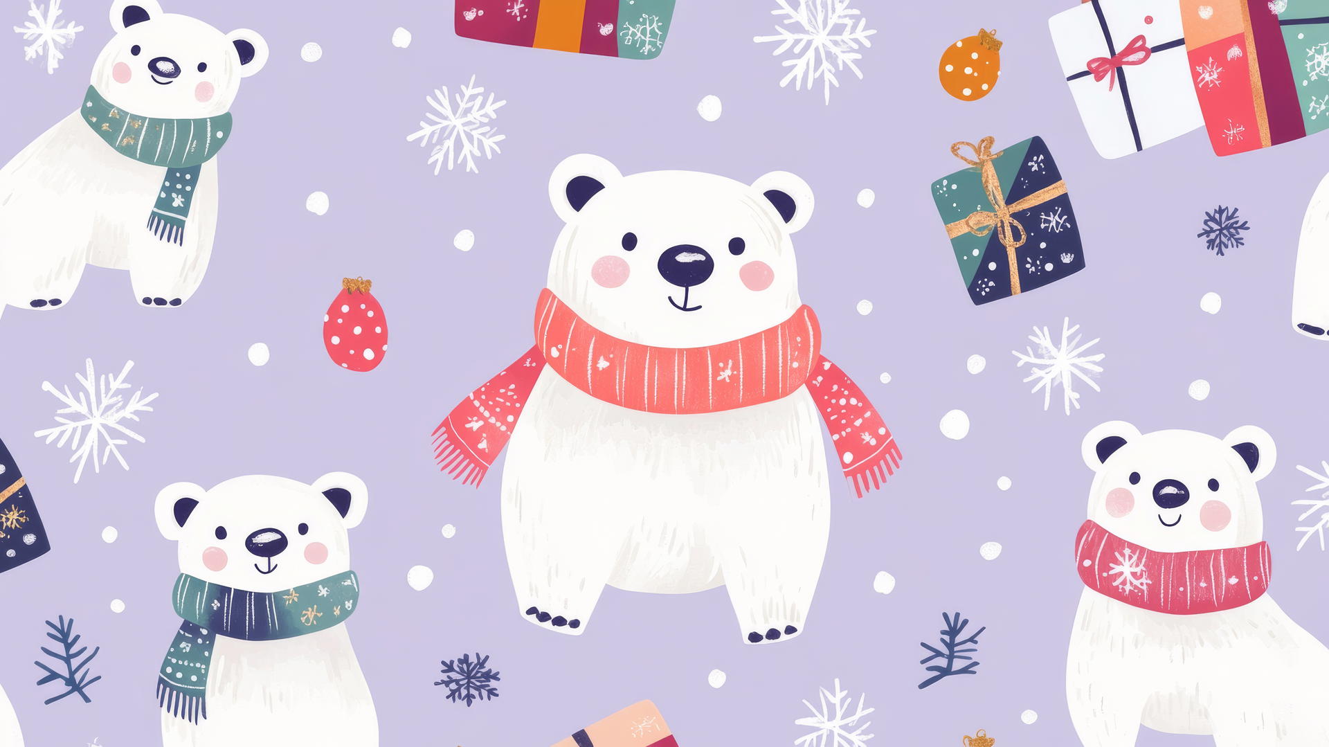 cute Christmas wallpaper preppy with playful polar bears, scarves, snowflakes, and presents