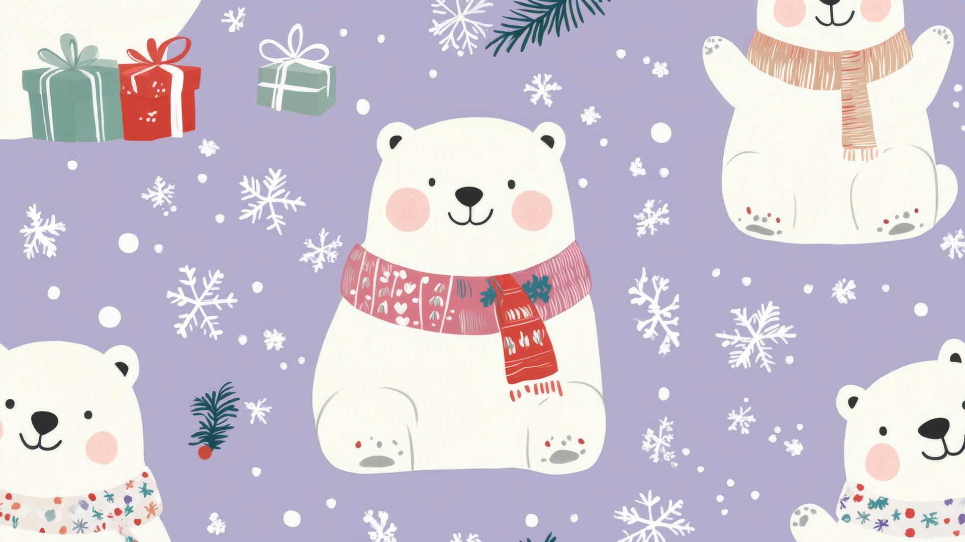 cute Christmas wallpaper preppy with playful polar bears, scarves, and presents on light purple background