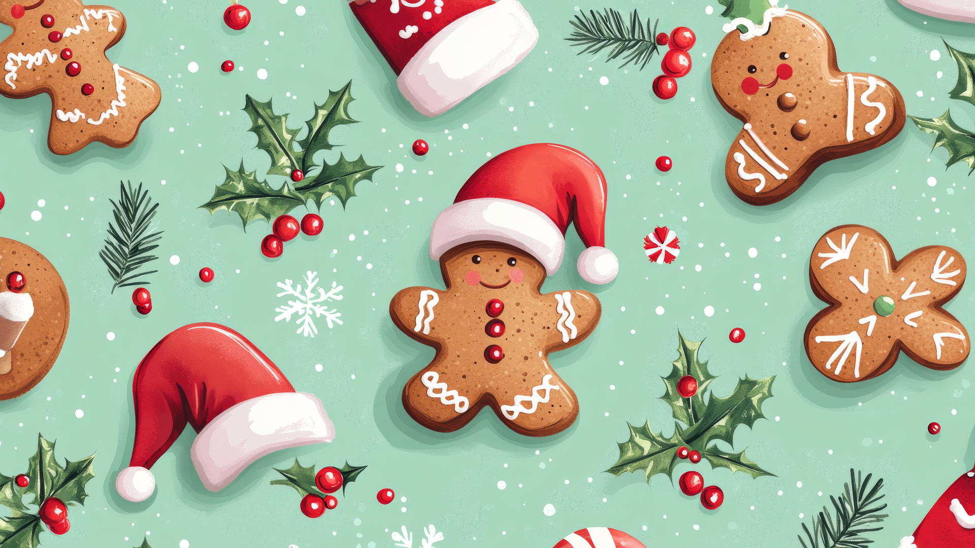 cute Christmas wallpaper preppy with gingerbread cookies, Santa hats, and holly berries on pastel mint green background