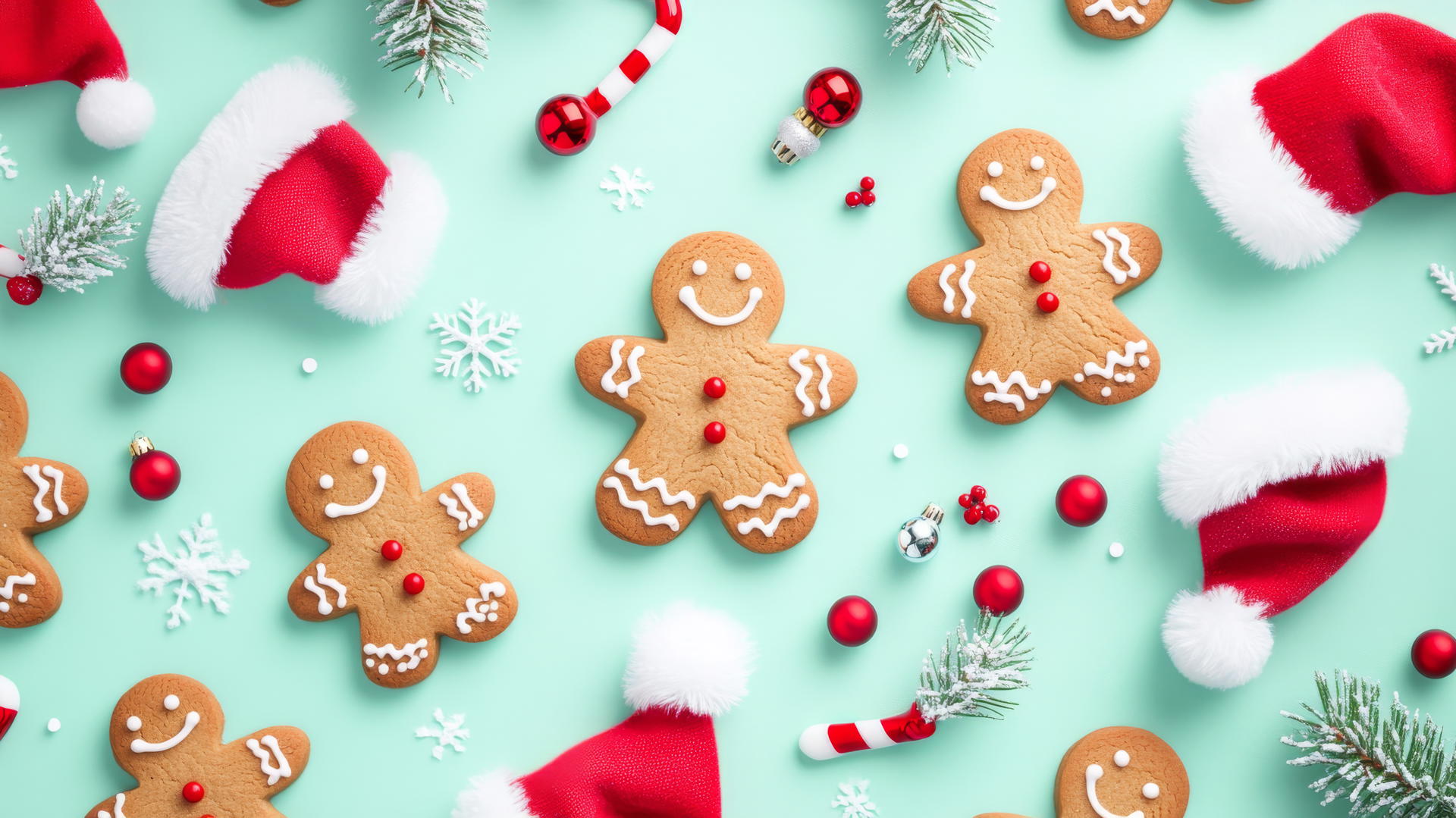 cute Christmas wallpaper preppy with gingerbread cookies, Santa hats, and holly berries