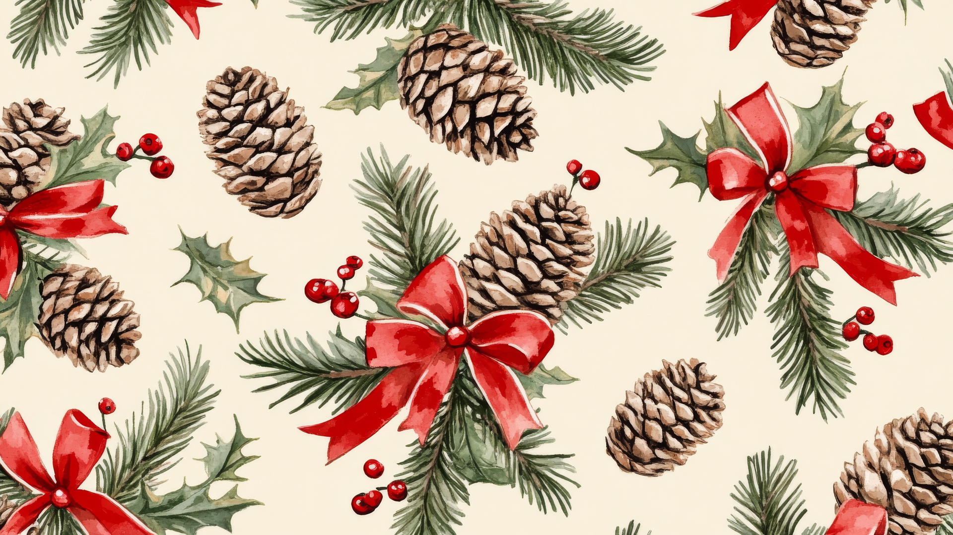 preppy wallpaper christmas with pine cones, red ribbons, holly leaves, and berries