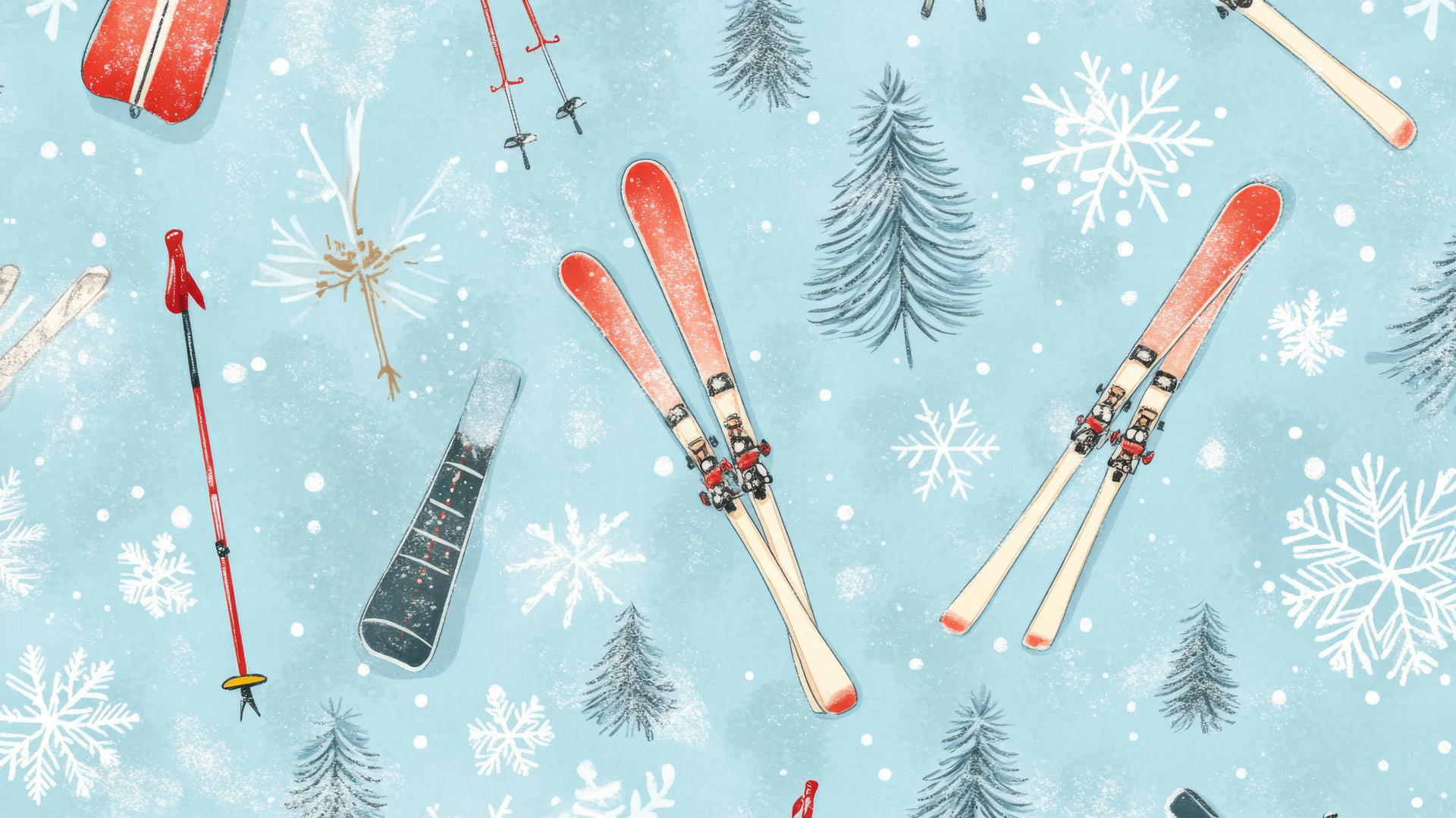 Christmas wallpaper preppy with skiing equipment, snowflakes, and pine trees