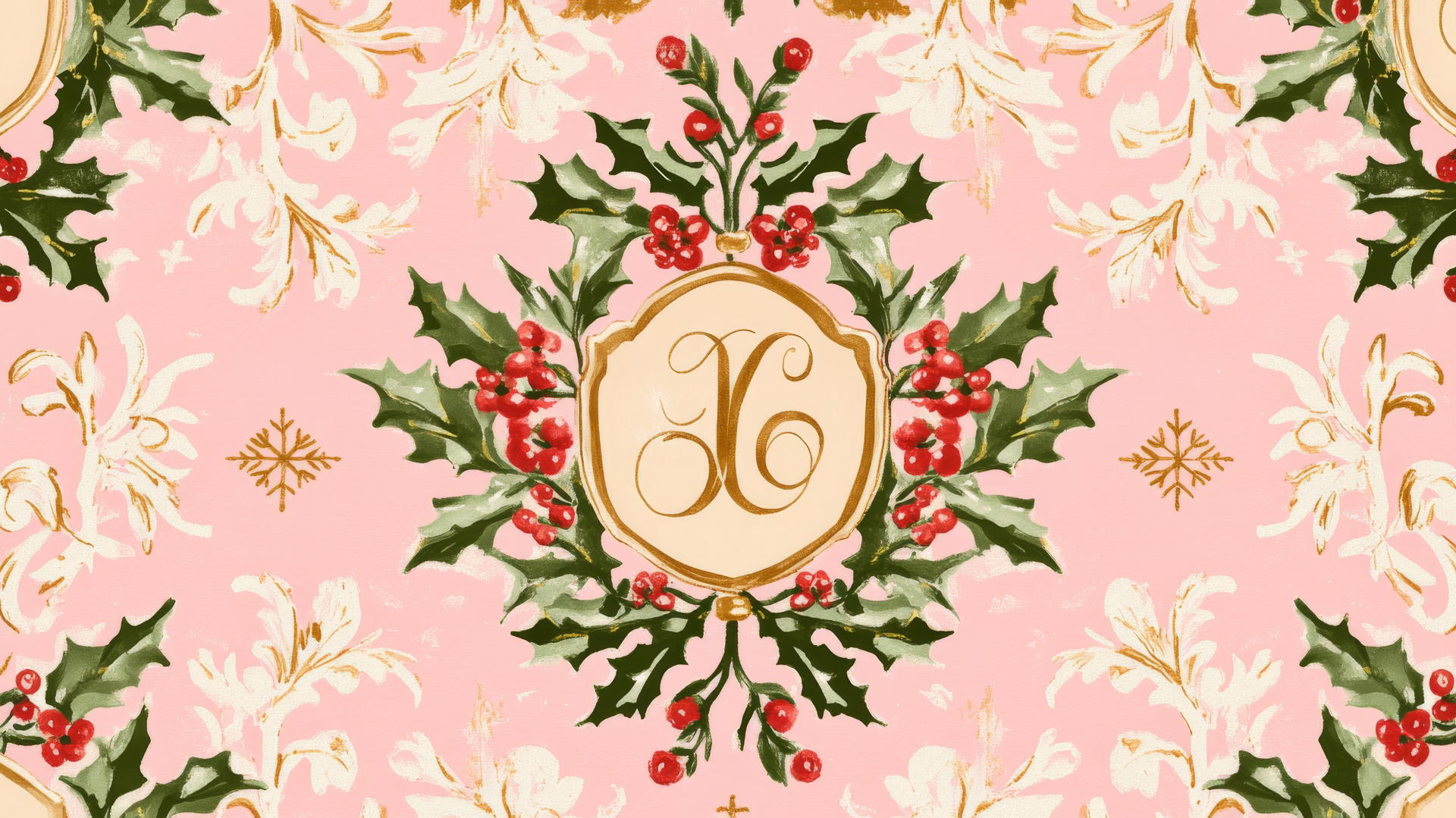 christmas wallpaper preppy with elegant monograms, holly leaves, berries, snowflakes, pastel pink background, and gold accents