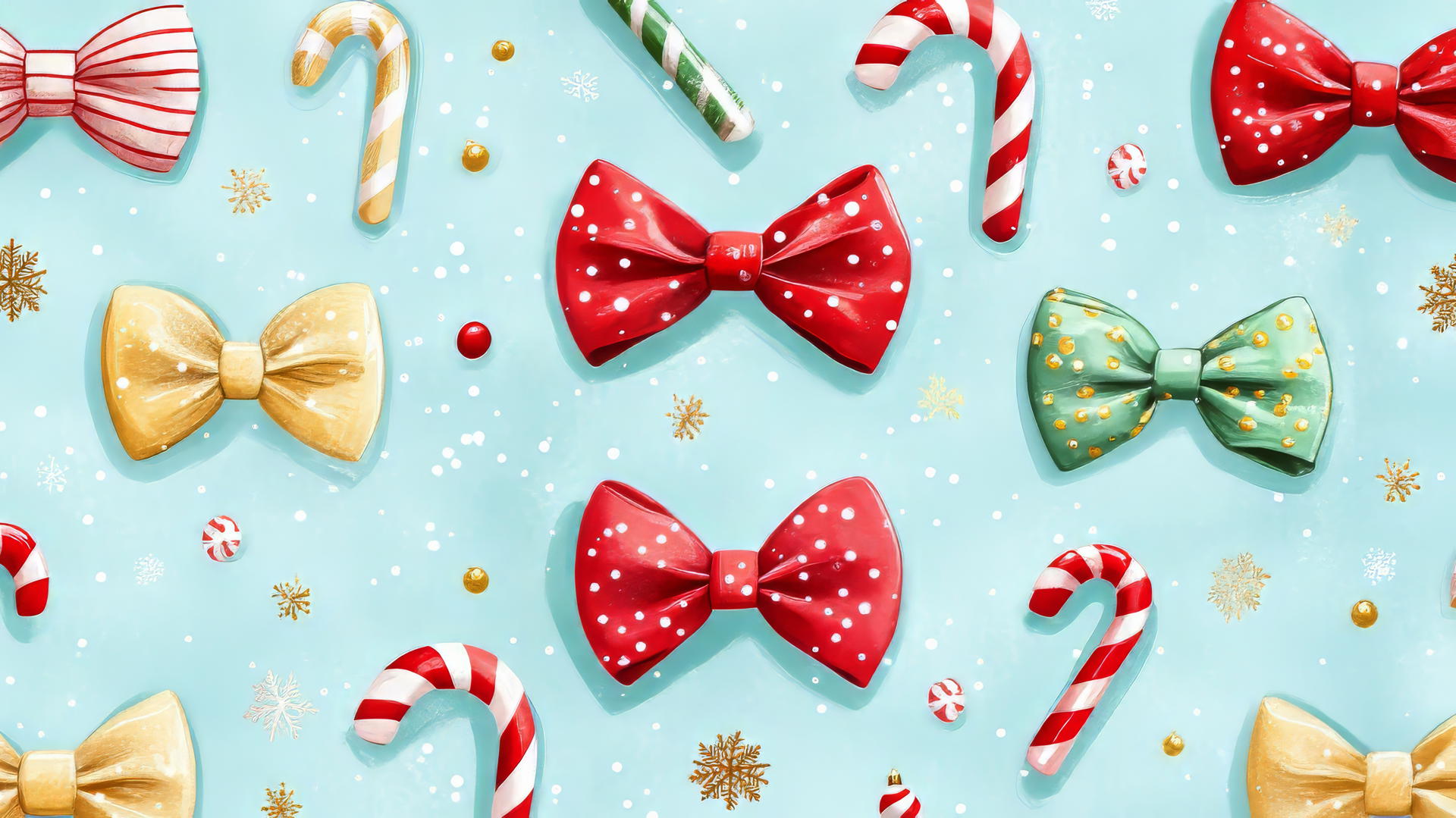christmas wallpaper preppy with bow ties, snowflakes, and candy canes on pastel blue background