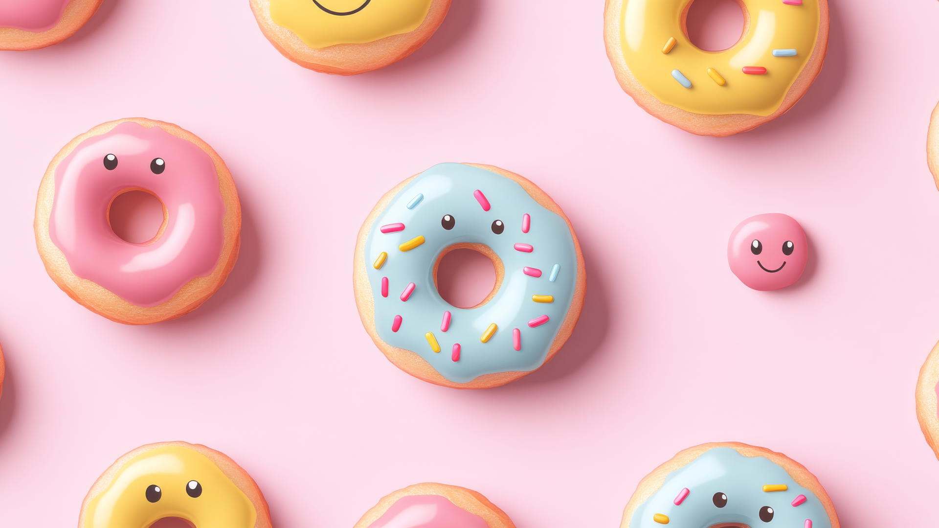preppy wallpaper with smiley face donuts and colorful glazes on light pink background