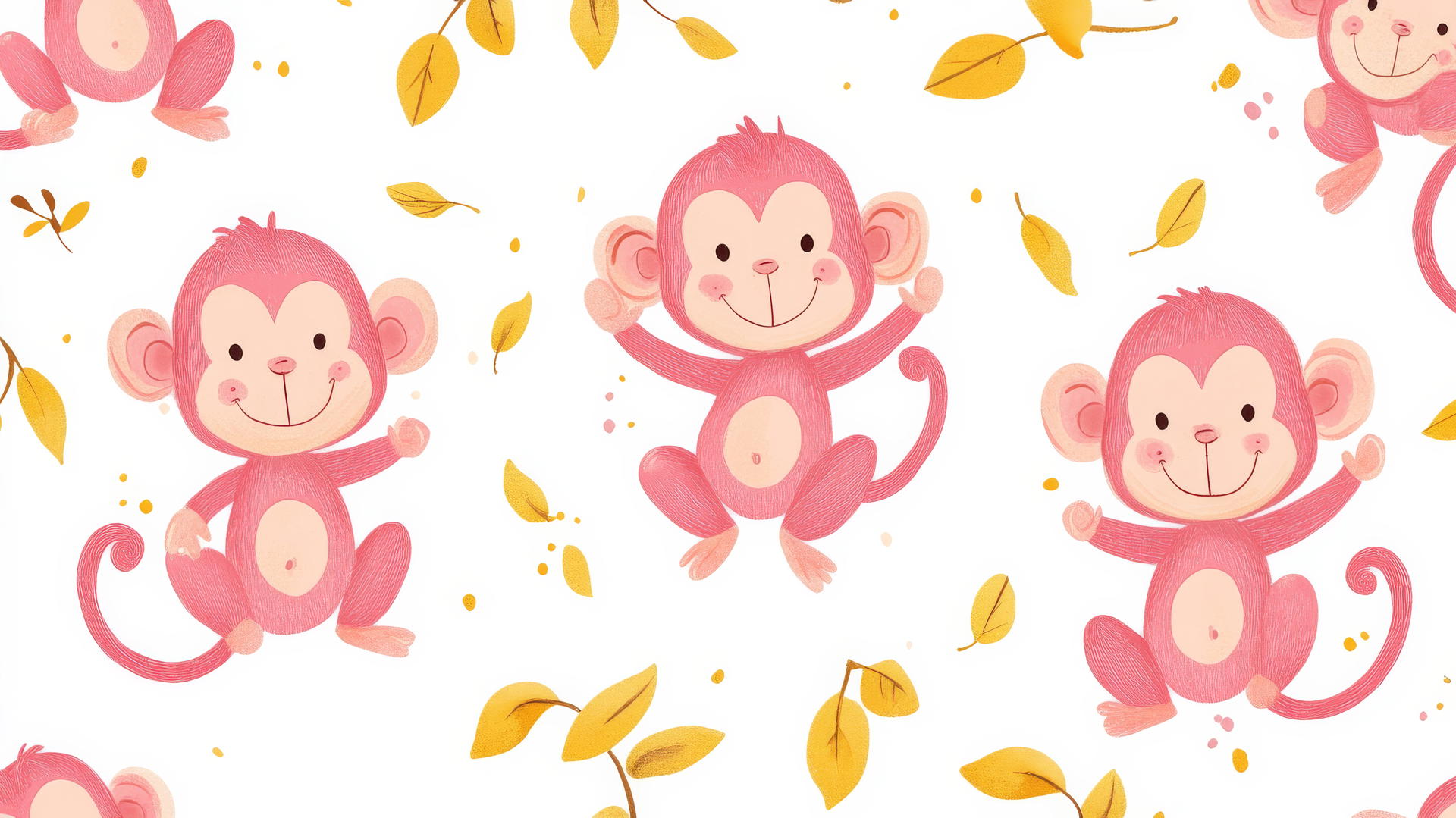 Preppy wallpaper with playful pink cartoon monkeys and yellow leaves