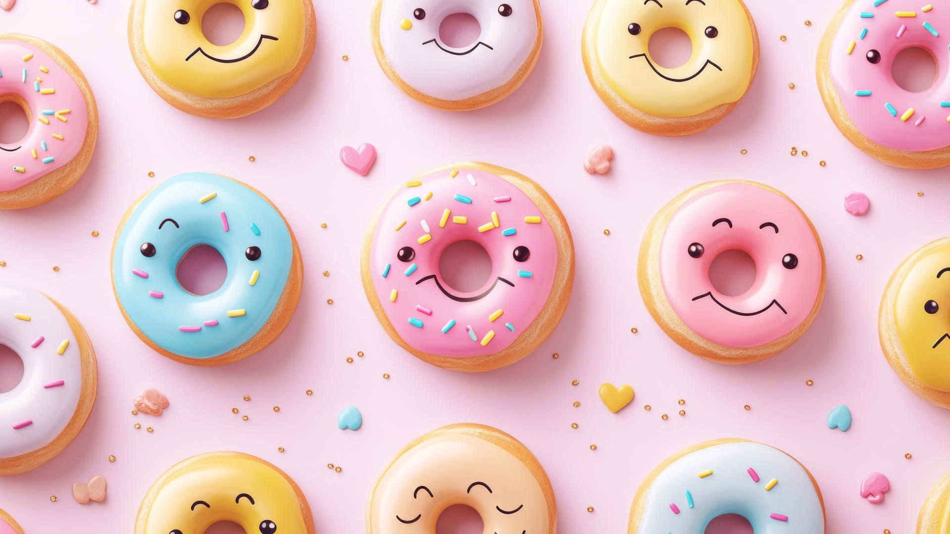 pink preppy wallpaper with smiley face donuts, colorful glazes, rose gold accents, light pink background