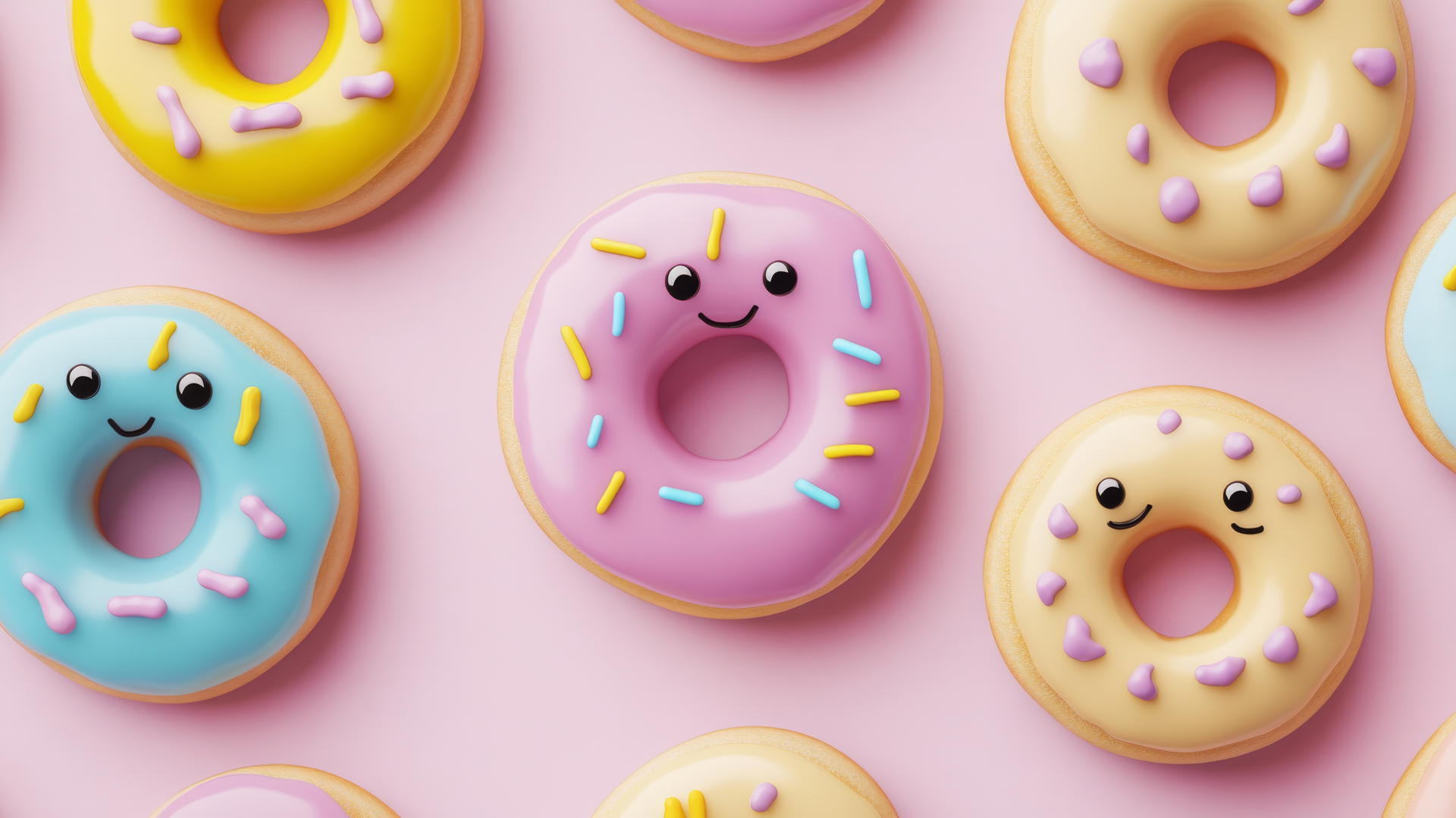 preppy wallpaper with smiley face donuts and colorful glazes on a pink background