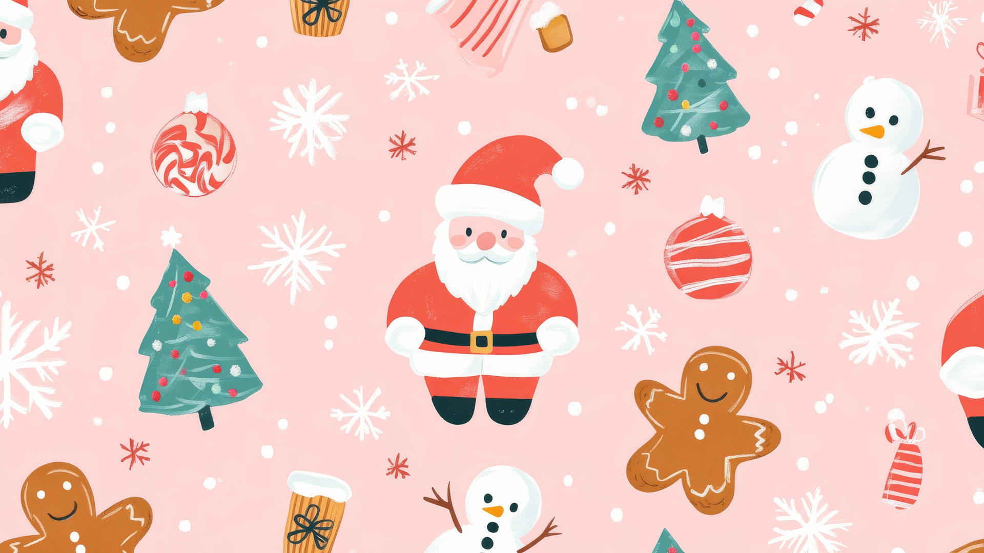 Preppy wallpaper with Santa, gingerbread cookies, snowmen, and Christmas trees on pastel pink background