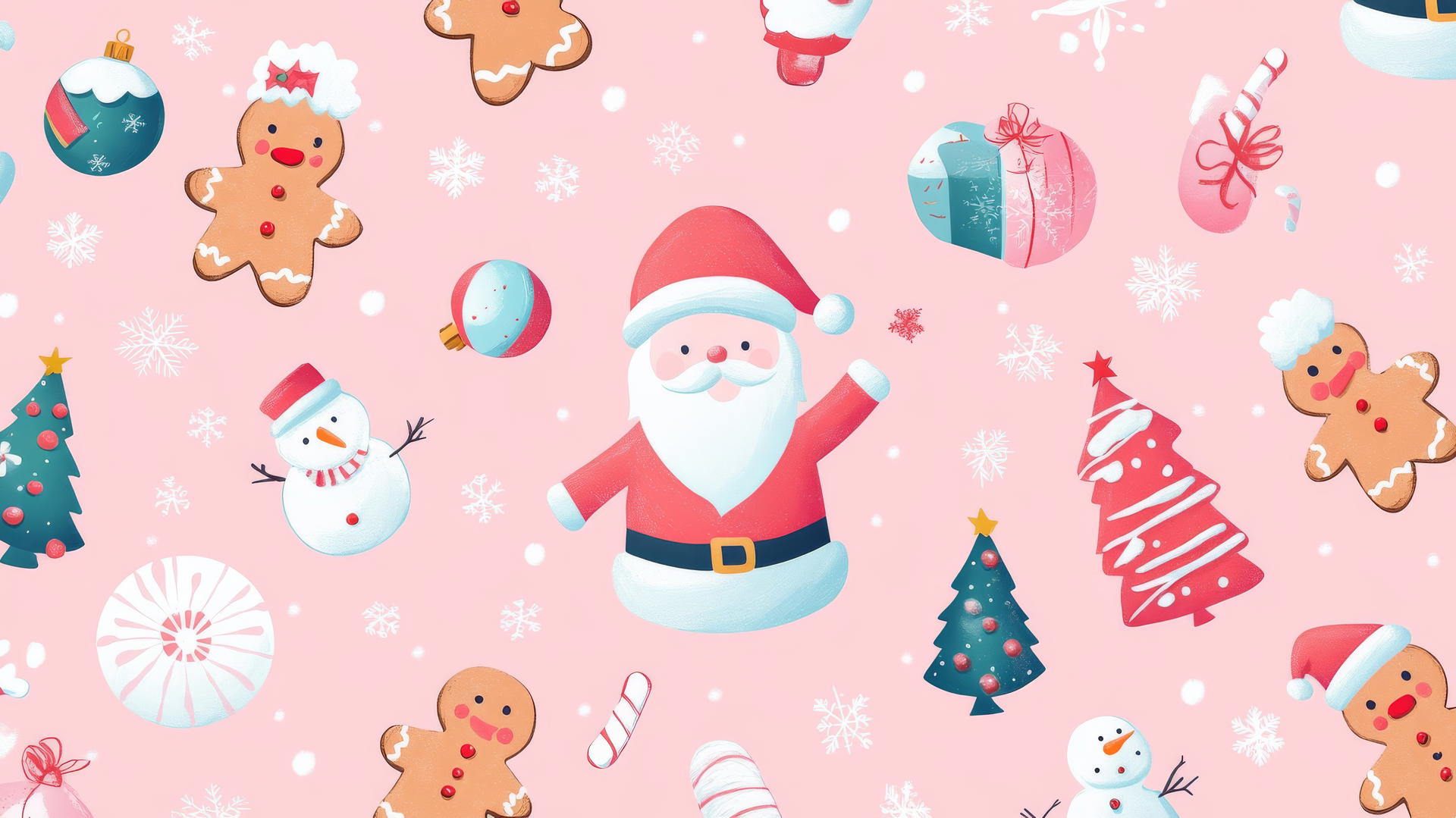 preppy wallpaper with Santa, gingerbread cookies, snowmen, and Christmas trees on pastel pink background