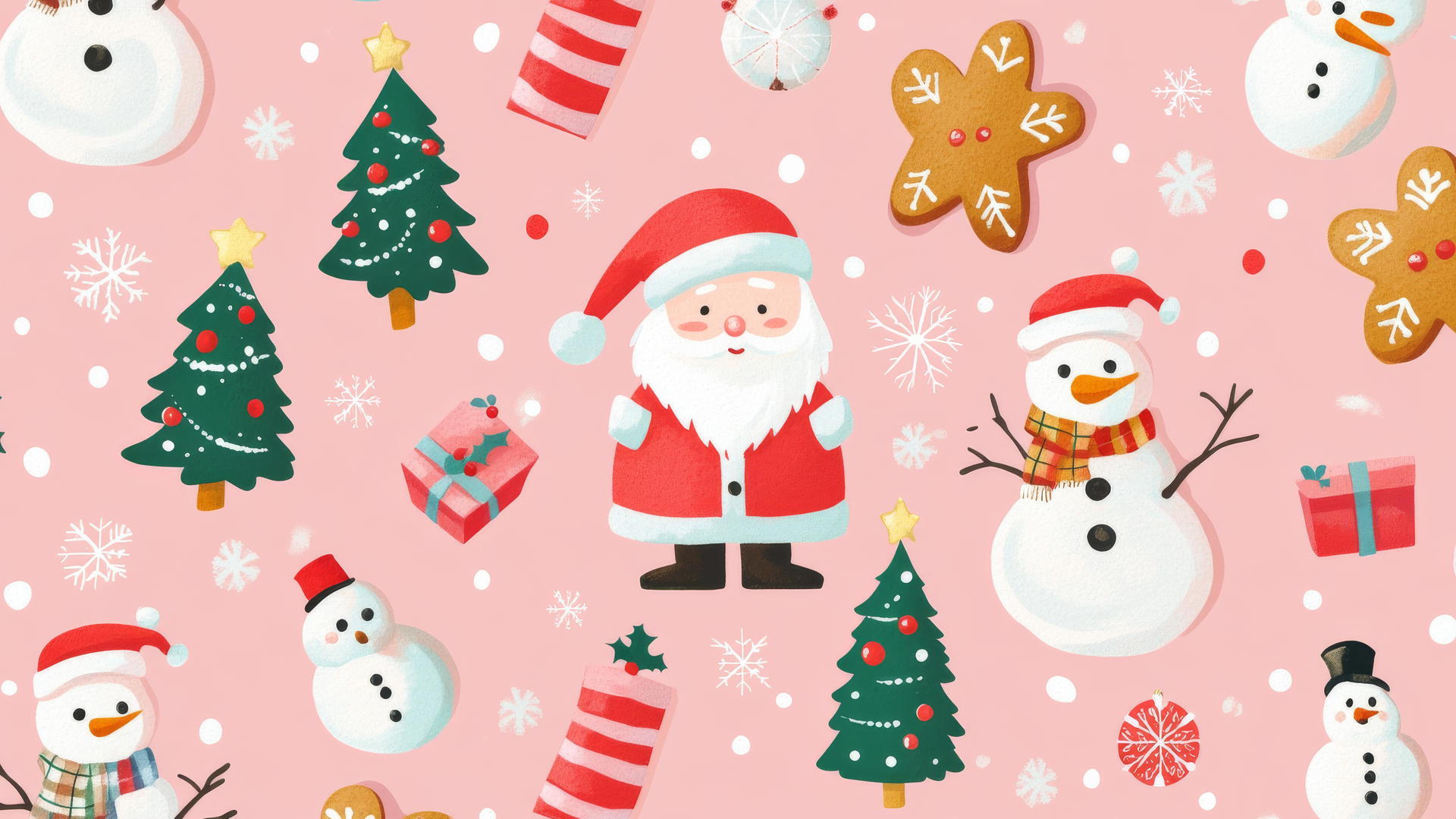 preppy wallpaper featuring Santa, gingerbread cookies, snowmen, and Christmas trees on pastel pink background