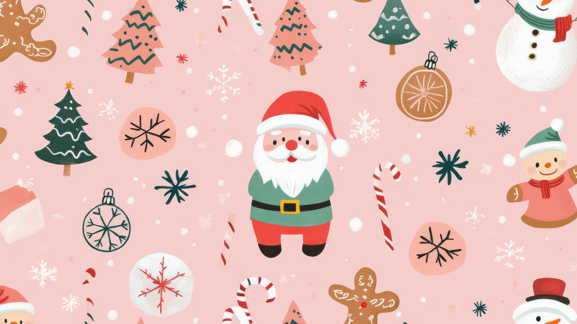 preppy wallpaper with Santa, gingerbread cookies, snowmen, and Christmas trees on pastel pink background