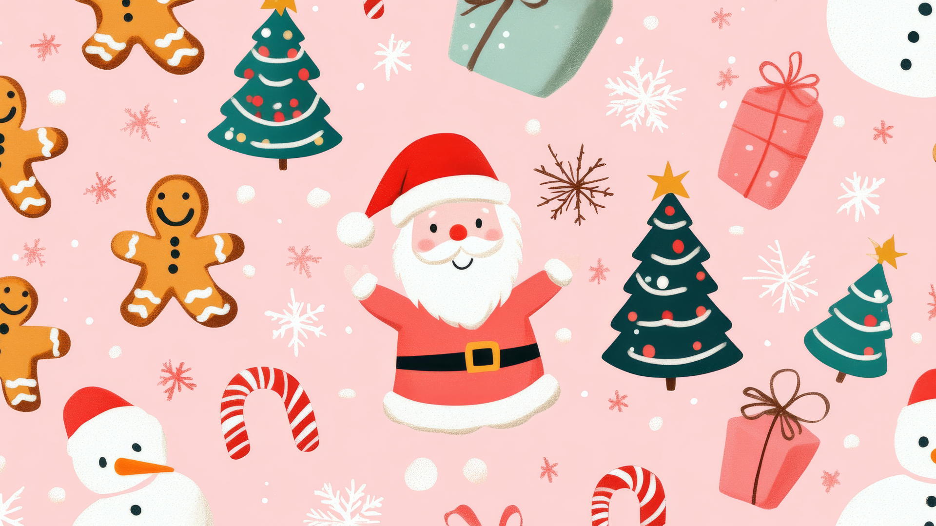 pink preppy wallpaper with Santa, gingerbread cookies, snowmen, and Christmas trees on pastel pink background