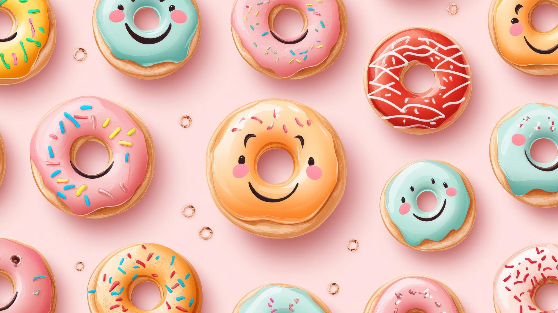 pink preppy wallpaper with smiley face donuts and colorful glazes on light pink background