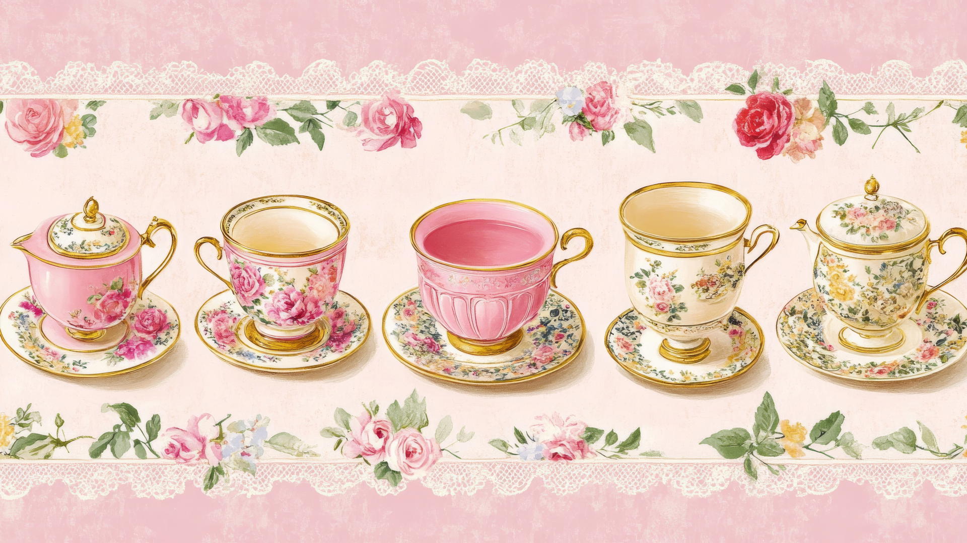 preppy wallpaper pink with floral tea sets and lace borders