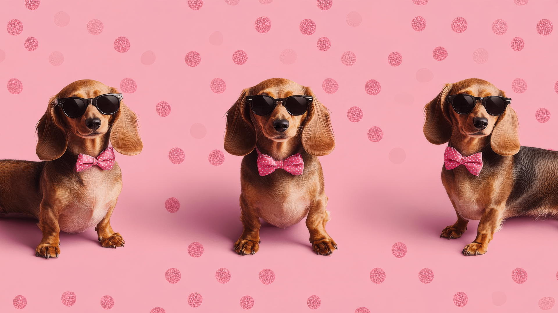 playful pattern of pink dachshunds in bow ties and sunglasses on polka-dotted pink background, preppy pink wallpaper