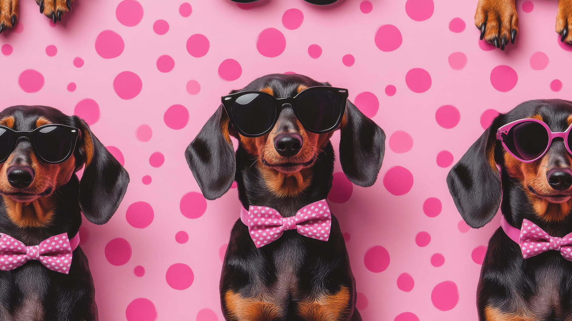 preppy pink wallpaper with playful pink dachshunds wearing bow ties and sunglasses on a polka-dotted background