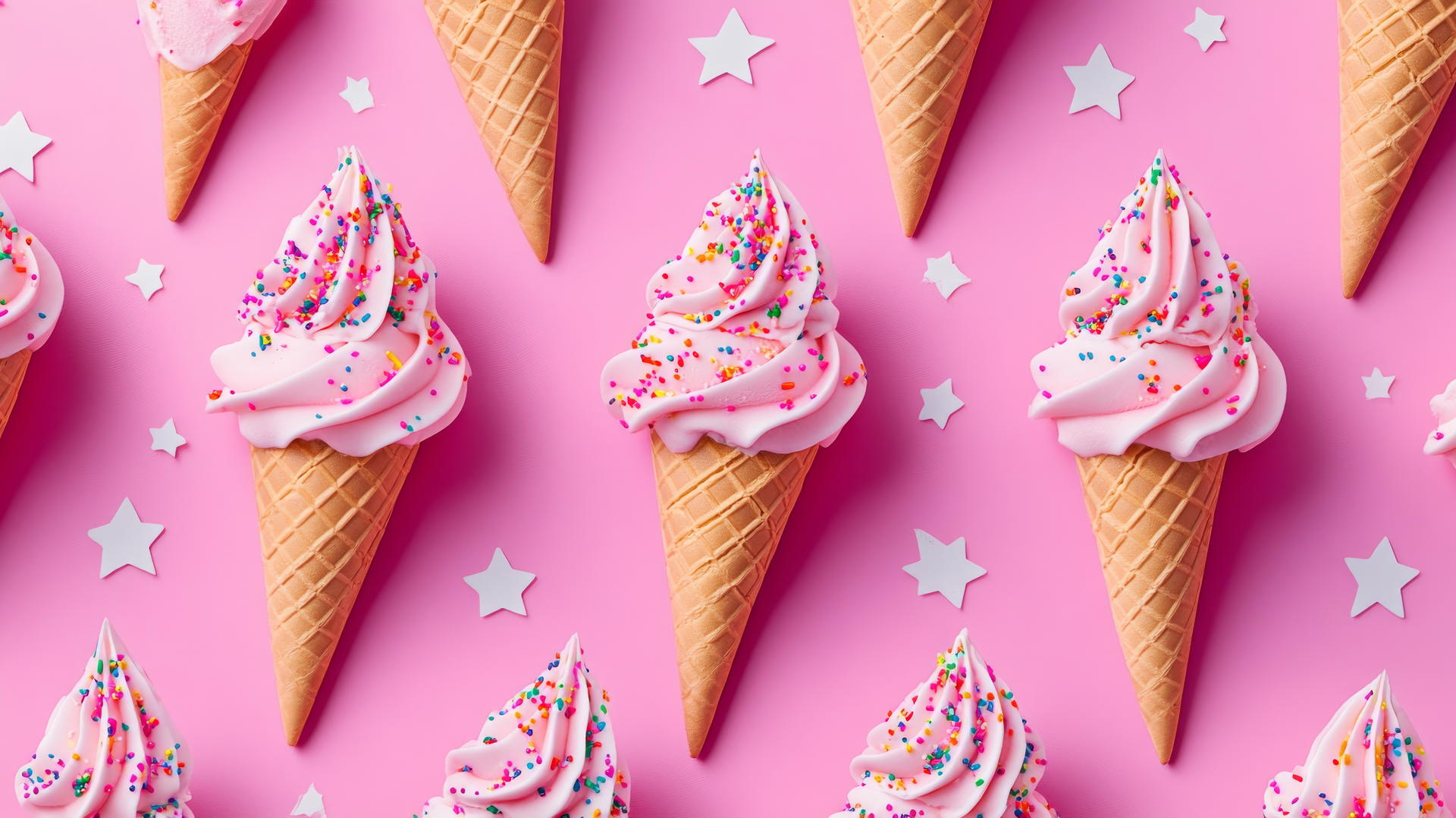 Preppy pink wallpaper with playful pink ice cream cones, sprinkles, and white stars on a pastel pink background.