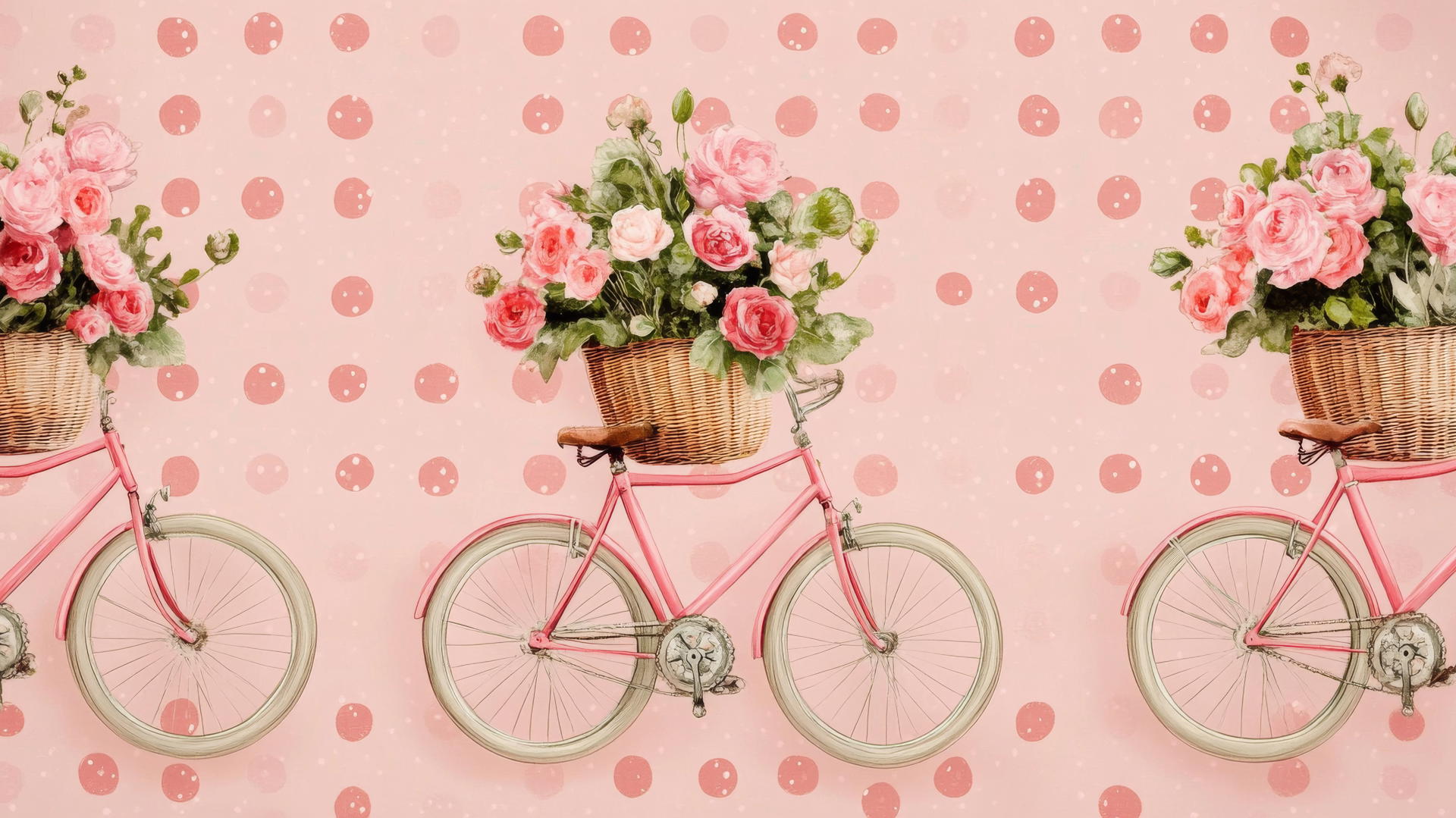 preppy pink wallpaper featuring vintage bicycles with flower baskets on a polka dot background