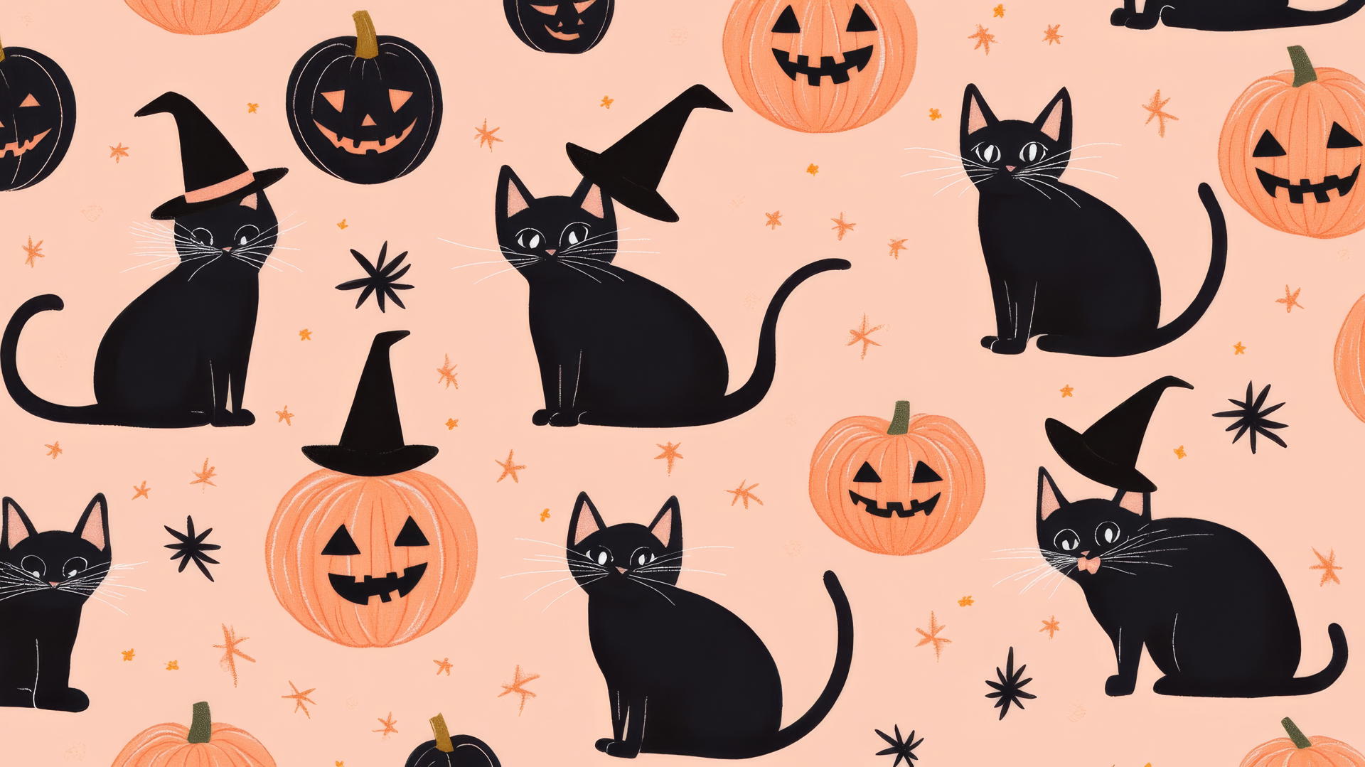 Halloween wallpaper preppy with black cats, pumpkins, and witch hats on pastel peach