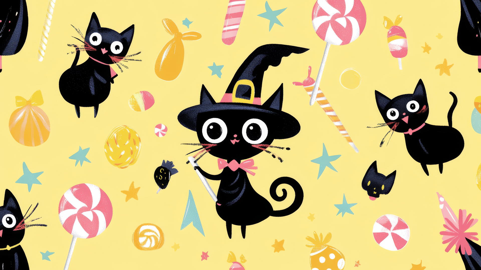 preppy halloween wallpaper with cute witches, black cats, and candy on a pastel lemon yellow background