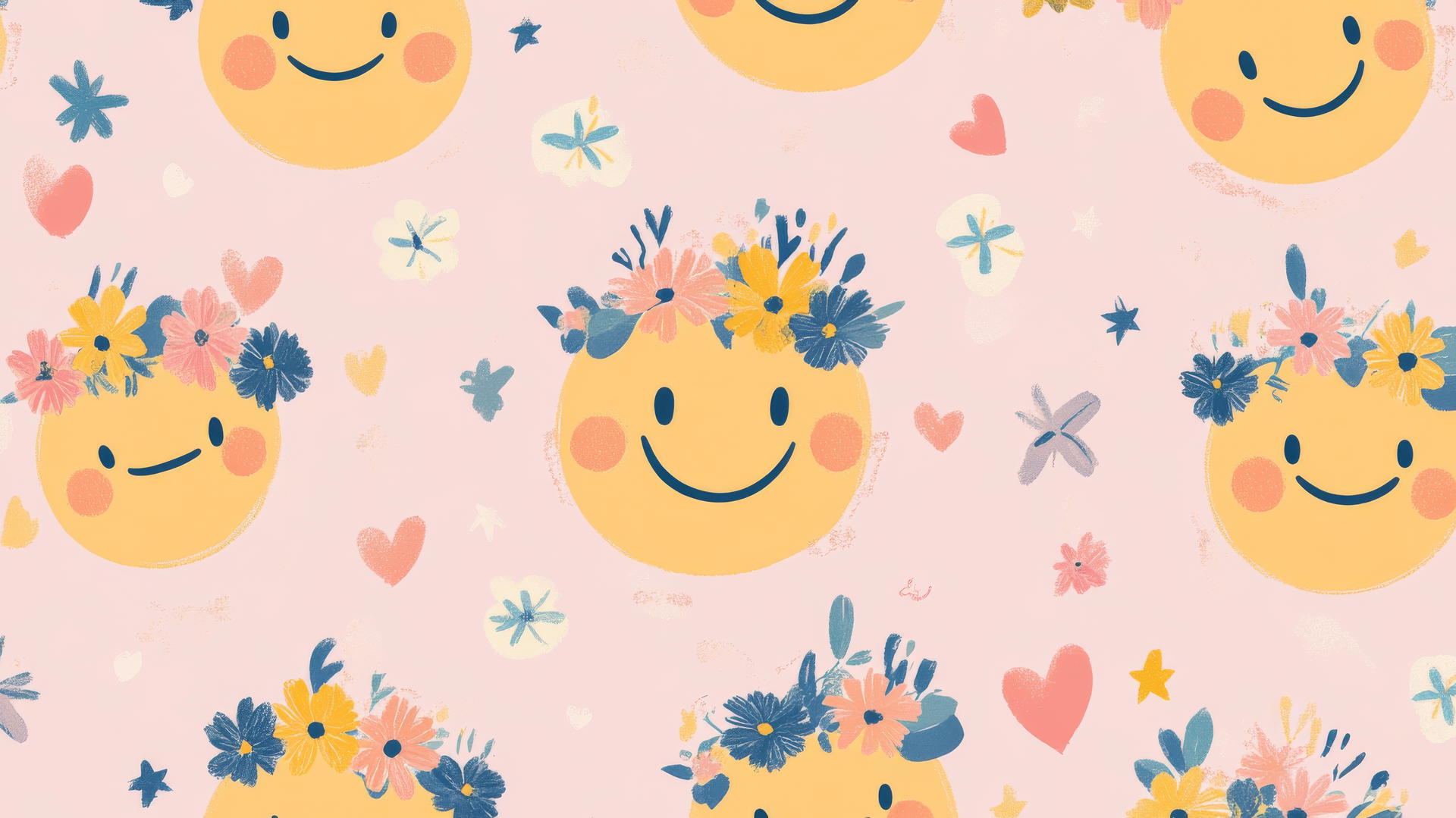 preppy wallpaper smiley face with flower crowns on pastel pink, stars and hearts