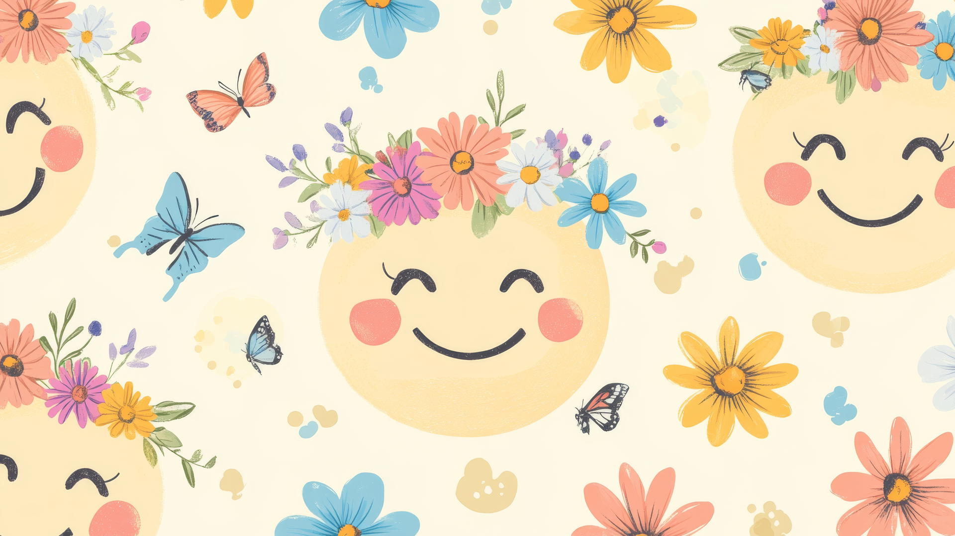 preppy wallpaper smiley face with flower crowns, pastel daisies, and butterflies on light yellow background