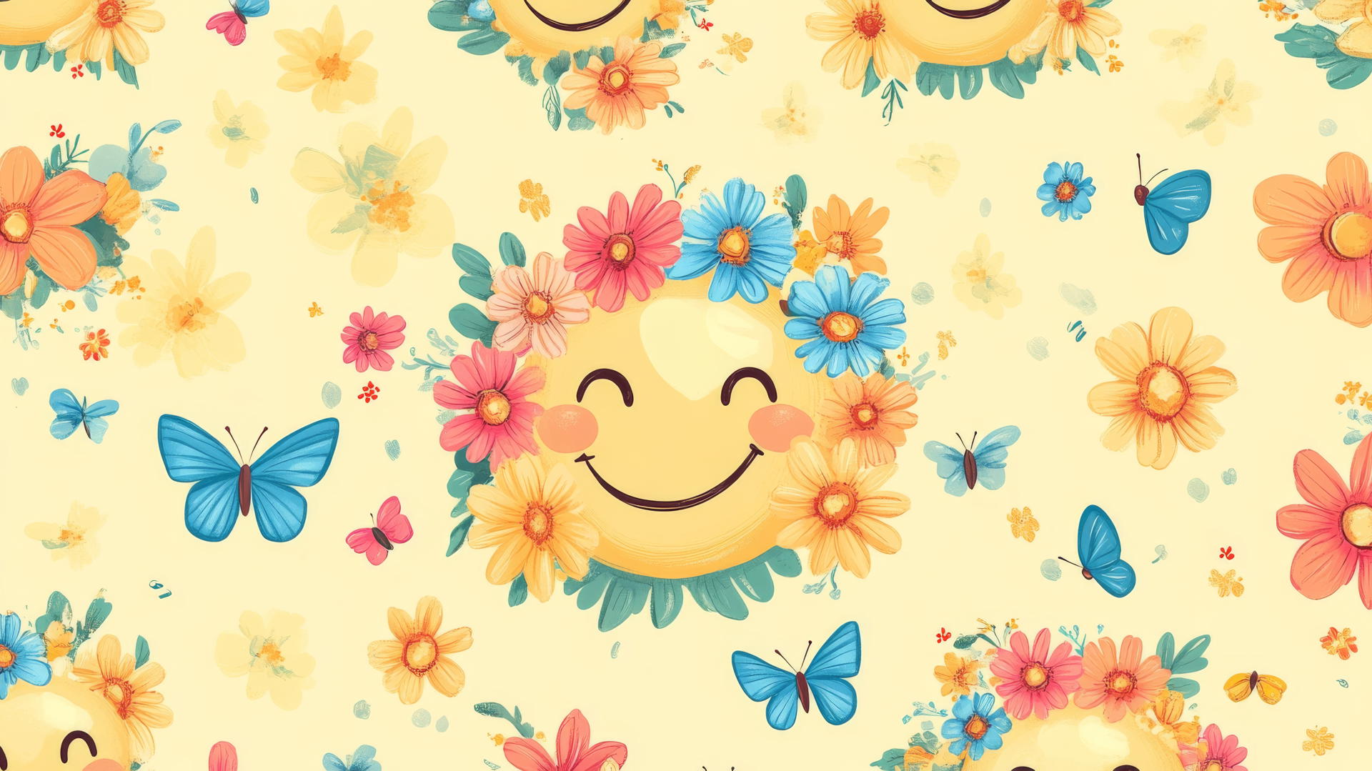 preppy wallpaper smiley face with flower crowns, pastel daisies, butterflies on light yellow