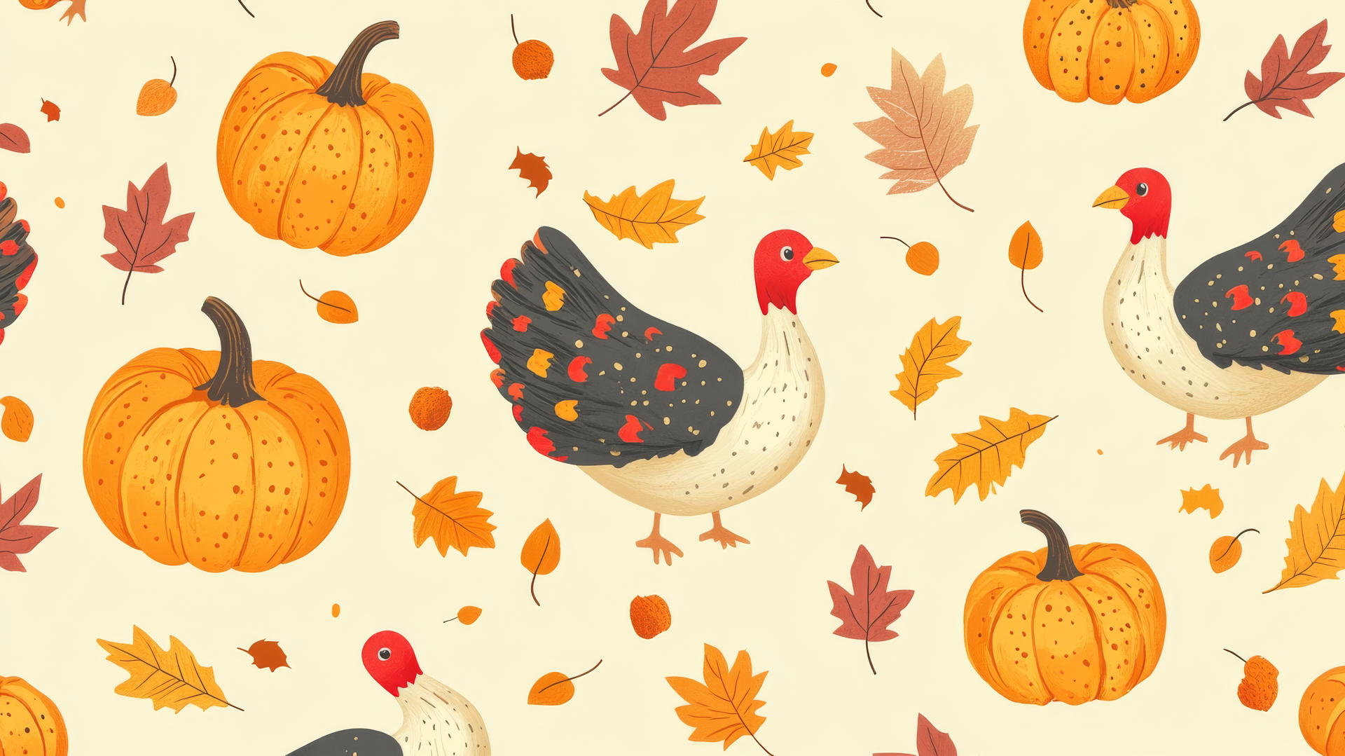 preppy autumn wallpaper with cute cartoon turkeys, pumpkins, and fall leaves on light yellow background