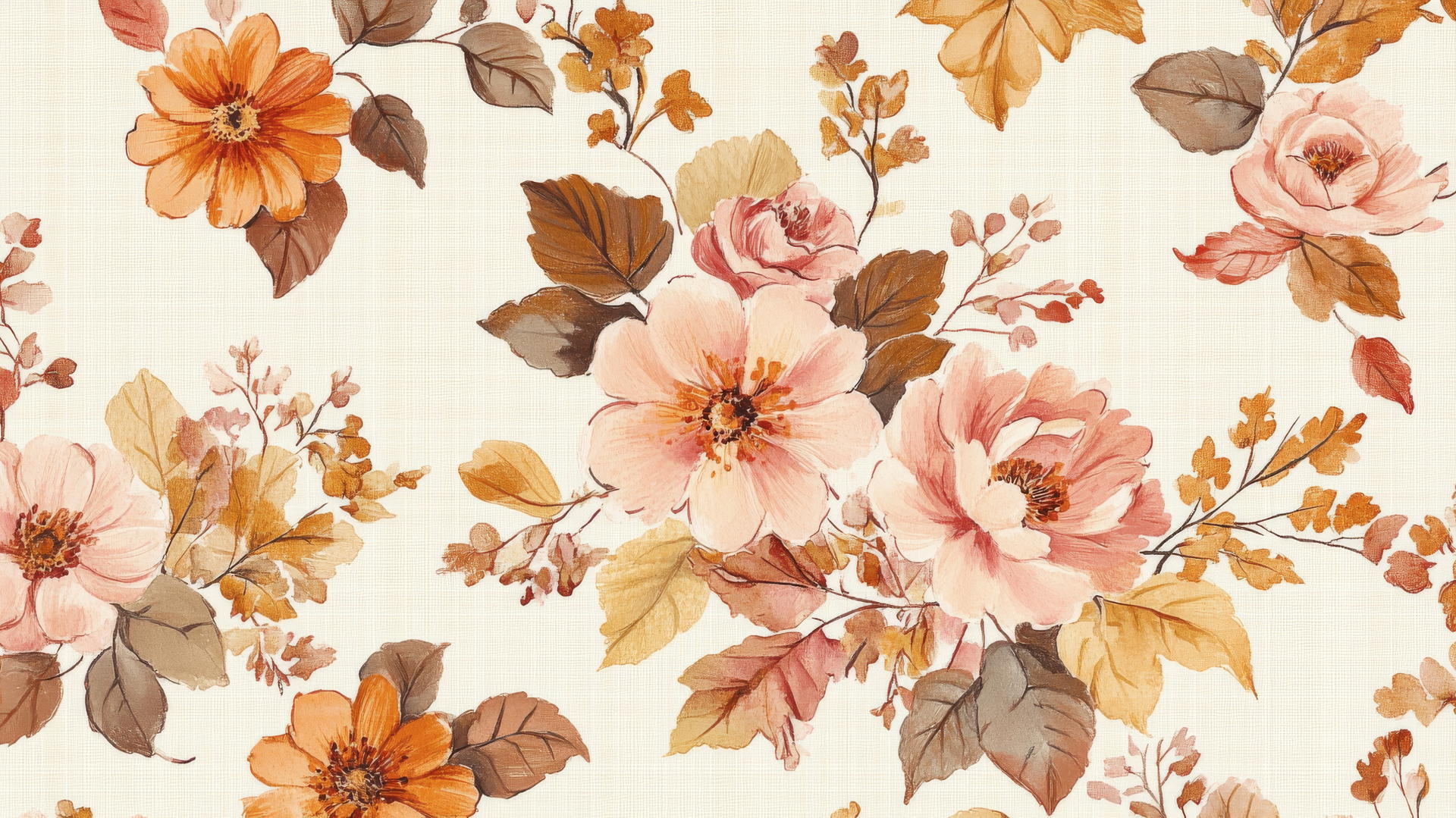 preppy autumn wallpaper with hand-drawn fall flowers and leaves in pastel pinks, oranges, and browns on light cream background, with subtle plaid accents