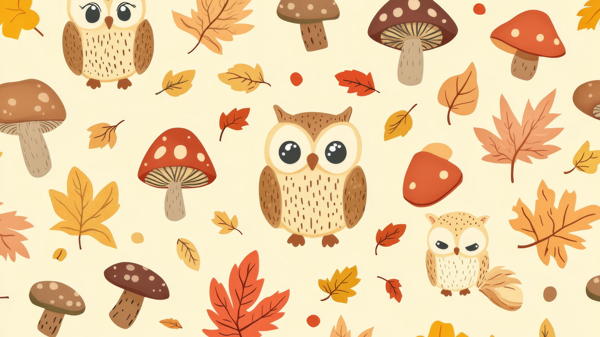 Preppy autumn wallpaper with cartoon owls, squirrels, leaves and mushrooms