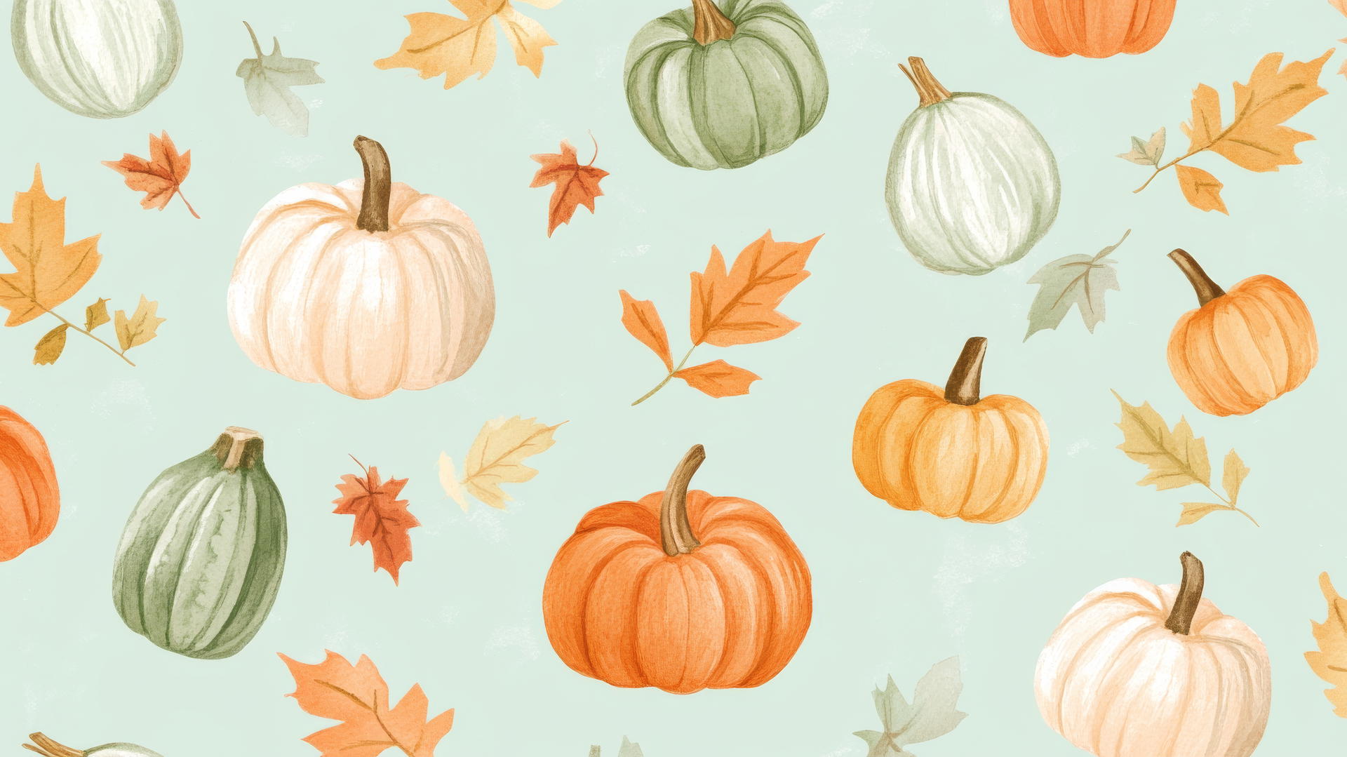 Preppy autumn wallpaper with hand-drawn pumpkins, gourds, fall leaves, and plaid scarves.
