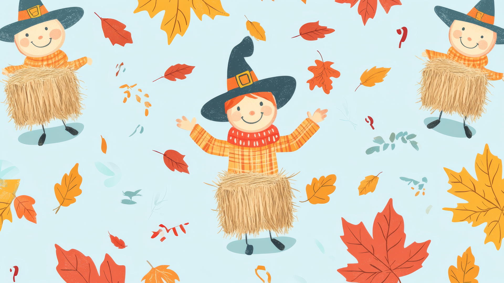 preppy fall wallpaper with cute cartoon scarecrows, hay bales, and fall leaves on a light blue background