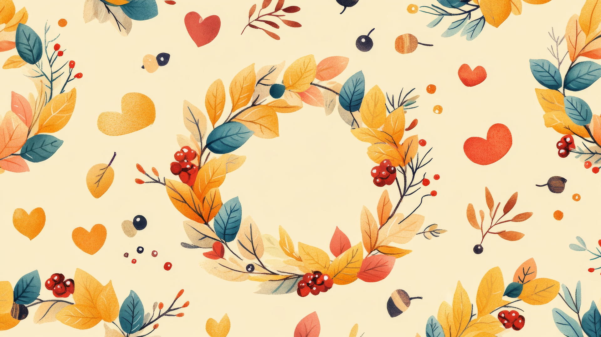 Preppy fall wallpaper with hand-drawn wreaths of leaves, berries, twigs, hearts, and acorns on pastel yellow