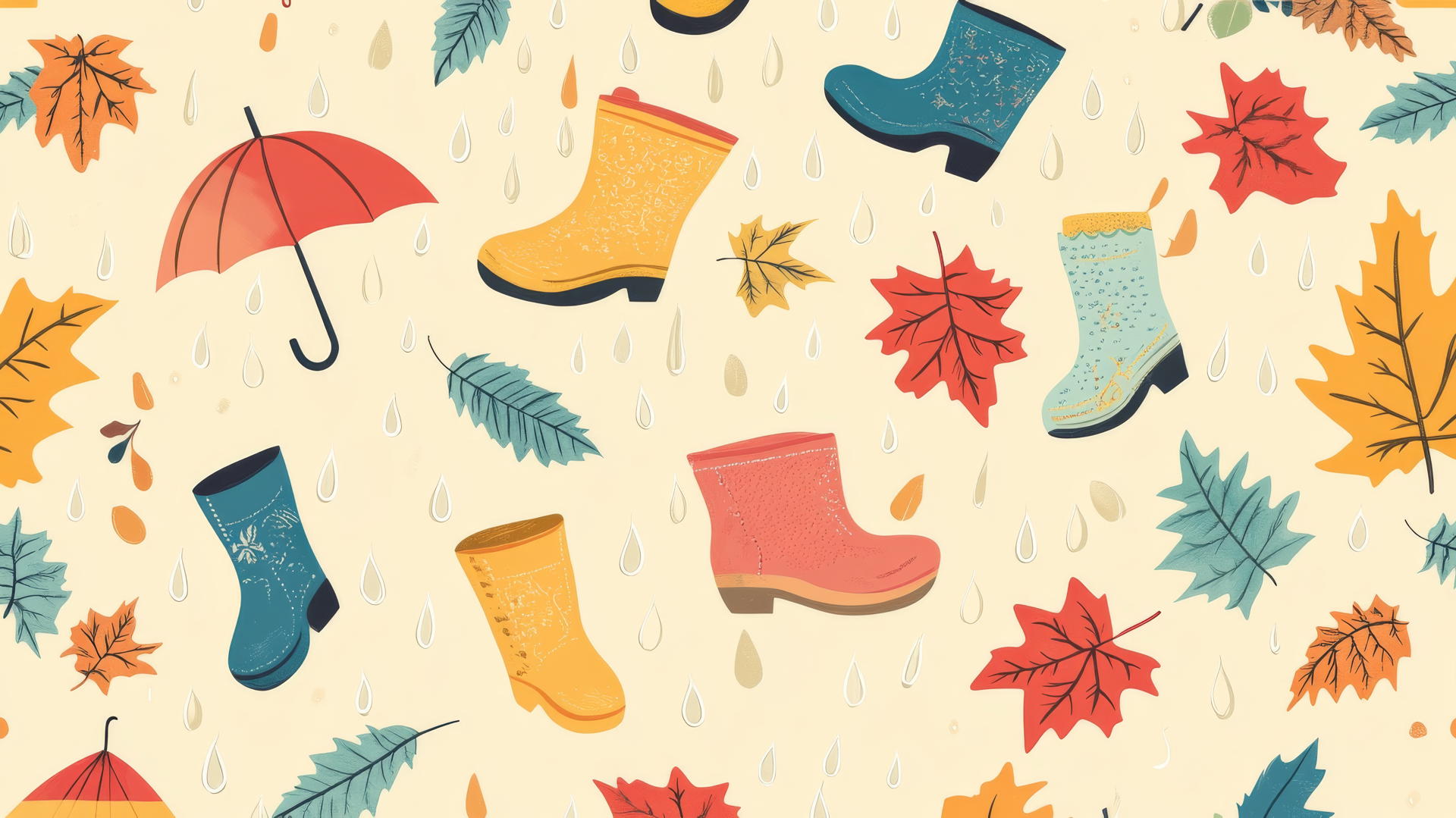 preppy fall wallpaper with rain boots, umbrellas, and falling leaves on light yellow