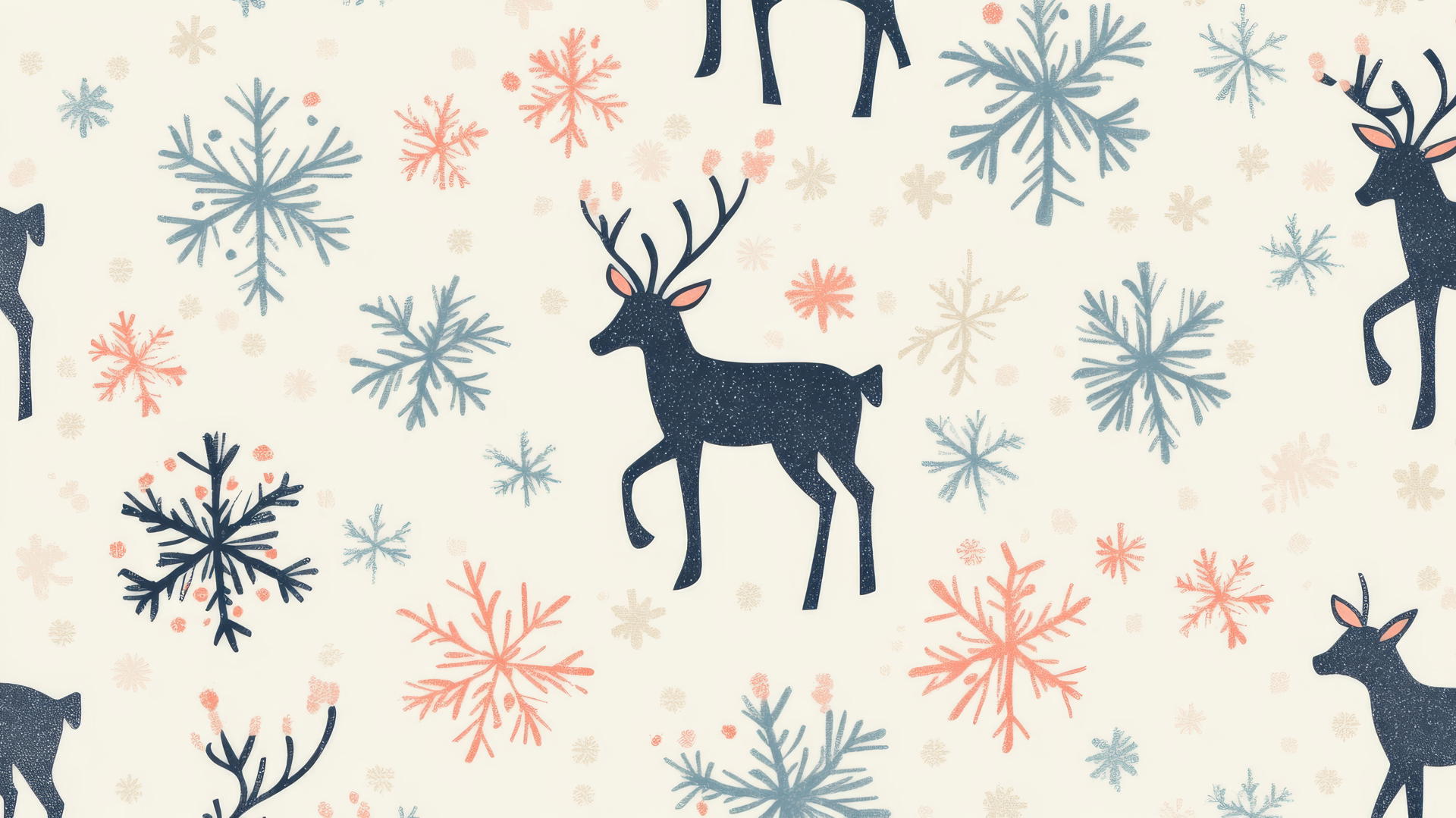 Preppy winter wallpaper with Fair Isle pattern, reindeer, and snowflakes in pastels on cream.