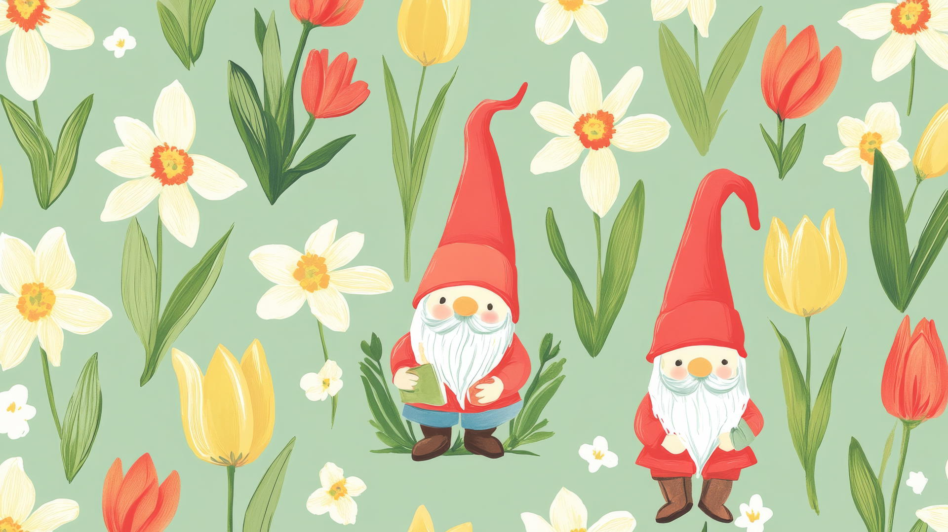 Preppy spring wallpaper with garden gnomes and blooming tulips and daffodils