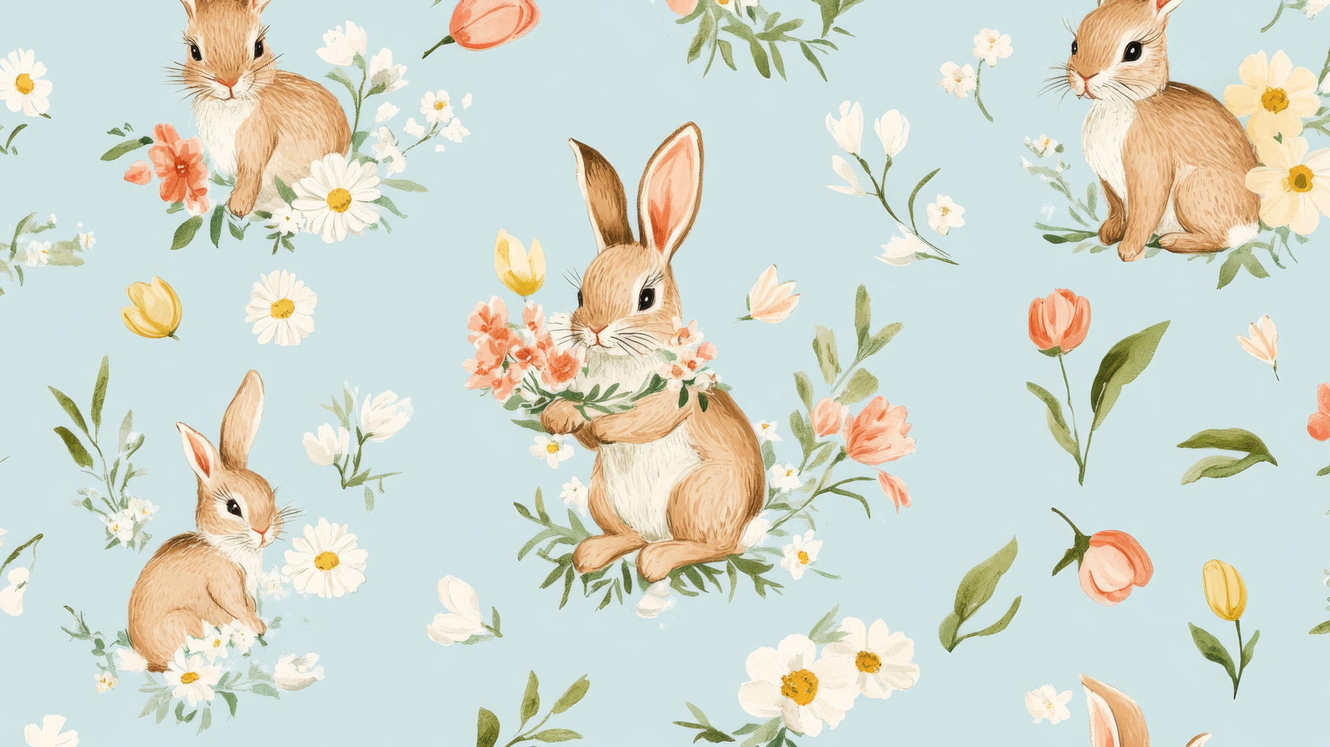 preppy easter wallpaper with bunnies holding flower garlands on pastel blue